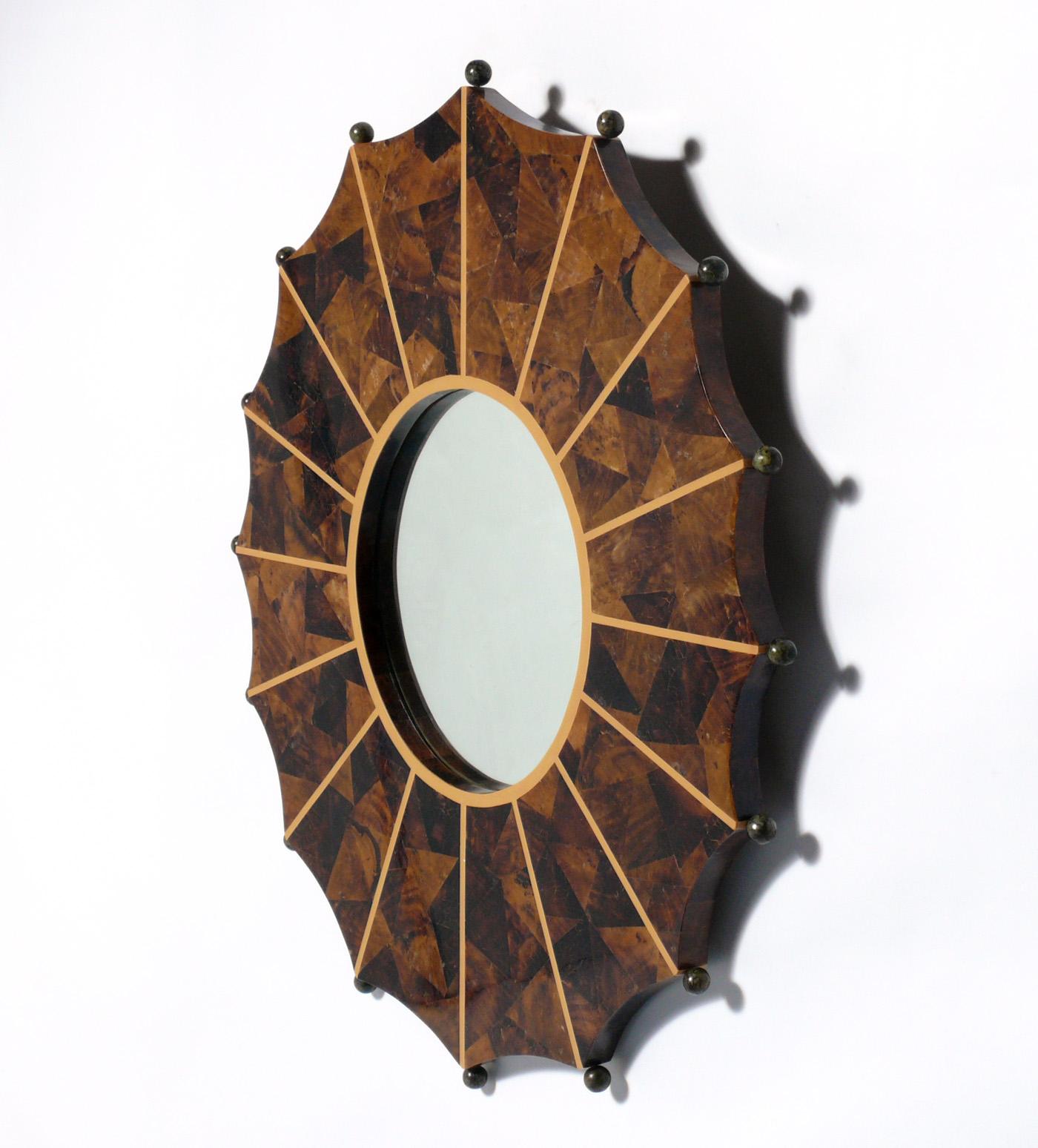 Tessellated shell mirror by R & Y Augousti, French, circa 1990s. Beautiful handmade mirror executed in tessellated lacquered shells. Retains R & Y Augousti tag on back.