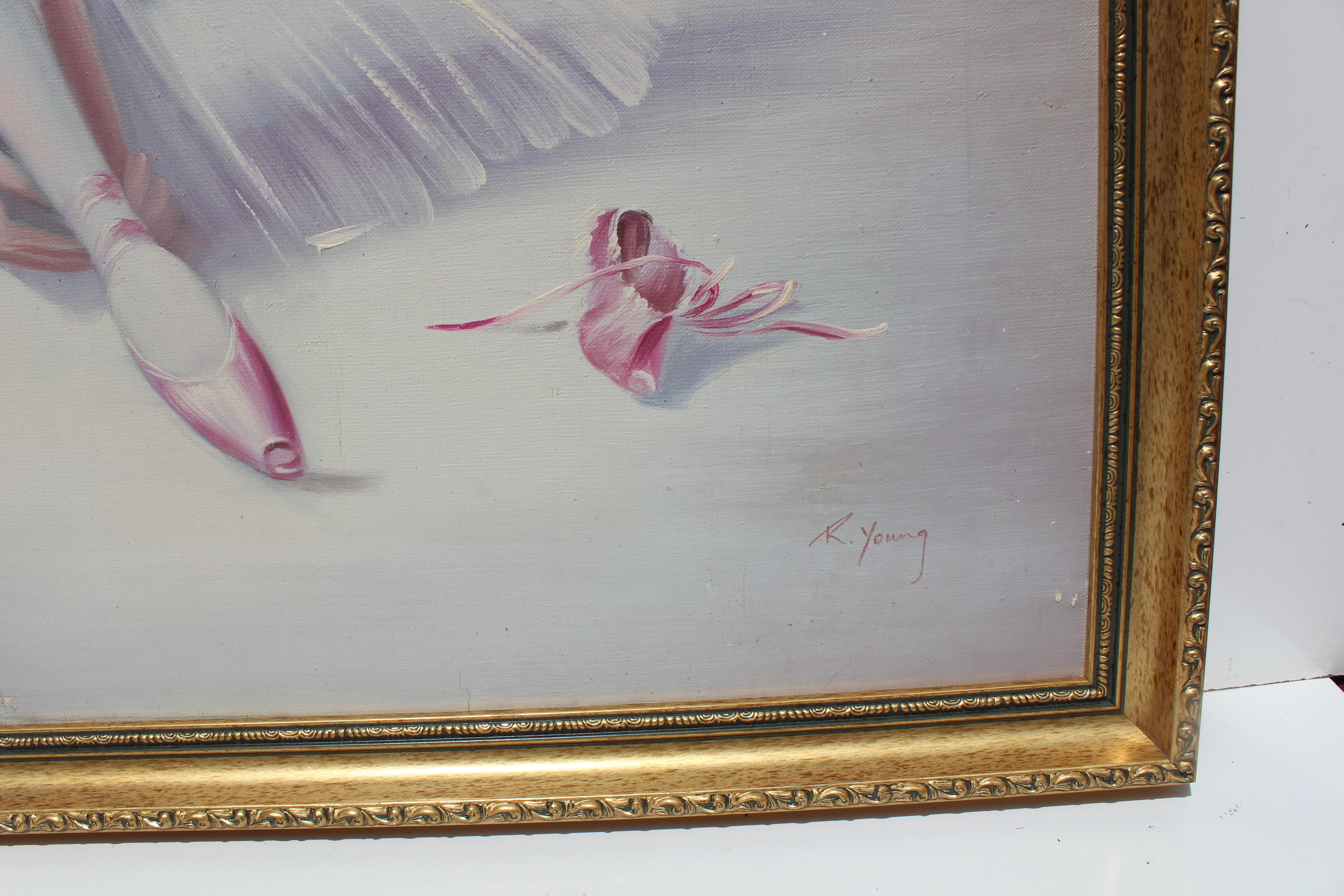 Großes Vintage-Ölgemälde auf Leinwand, R.Young, Ballerina, signiert, gerahmt (Art déco), Painting, von R. Young