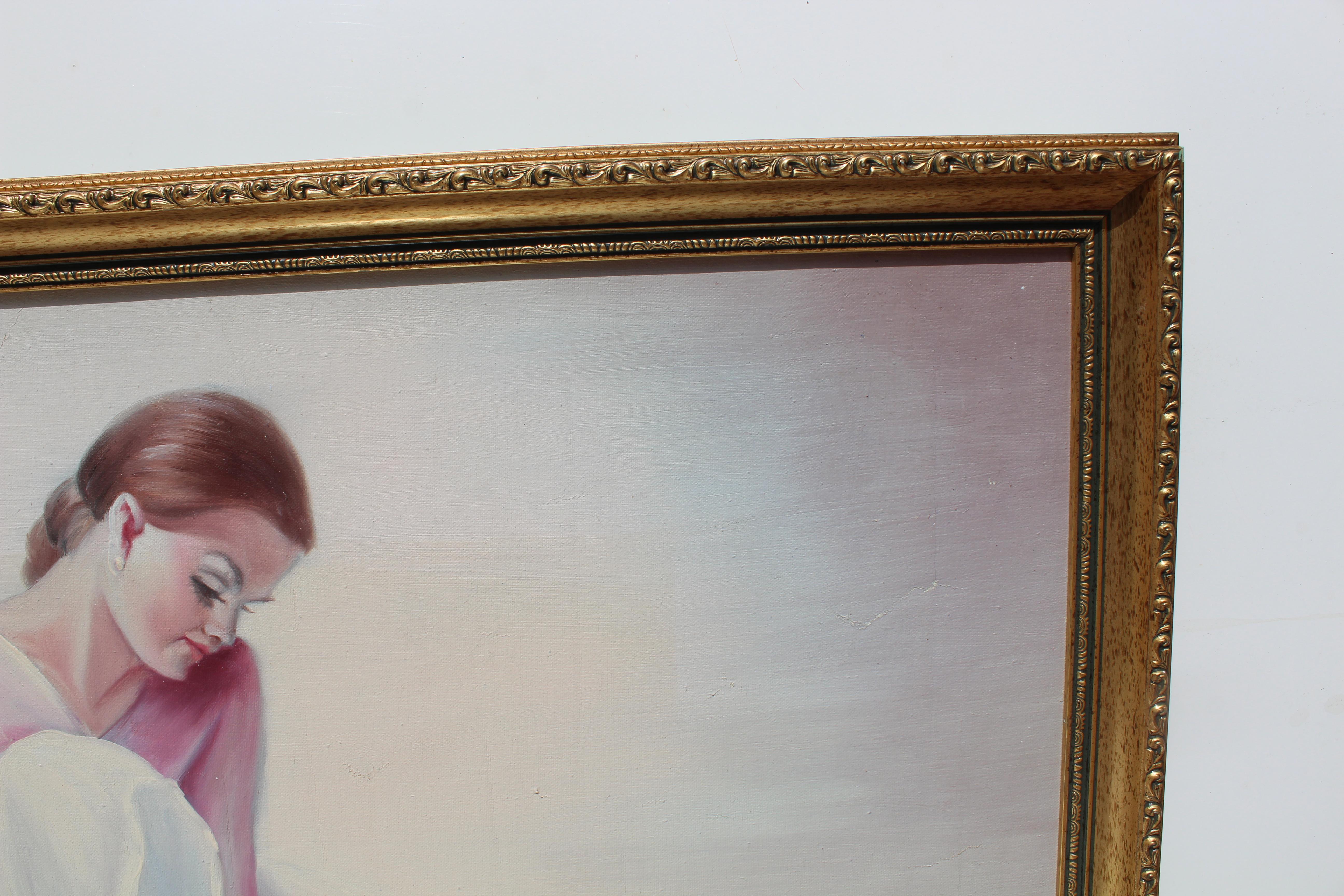 Großes Vintage-Ölgemälde auf Leinwand, R.Young, Ballerina, signiert, gerahmt (Grau), Portrait Painting, von R. Young
