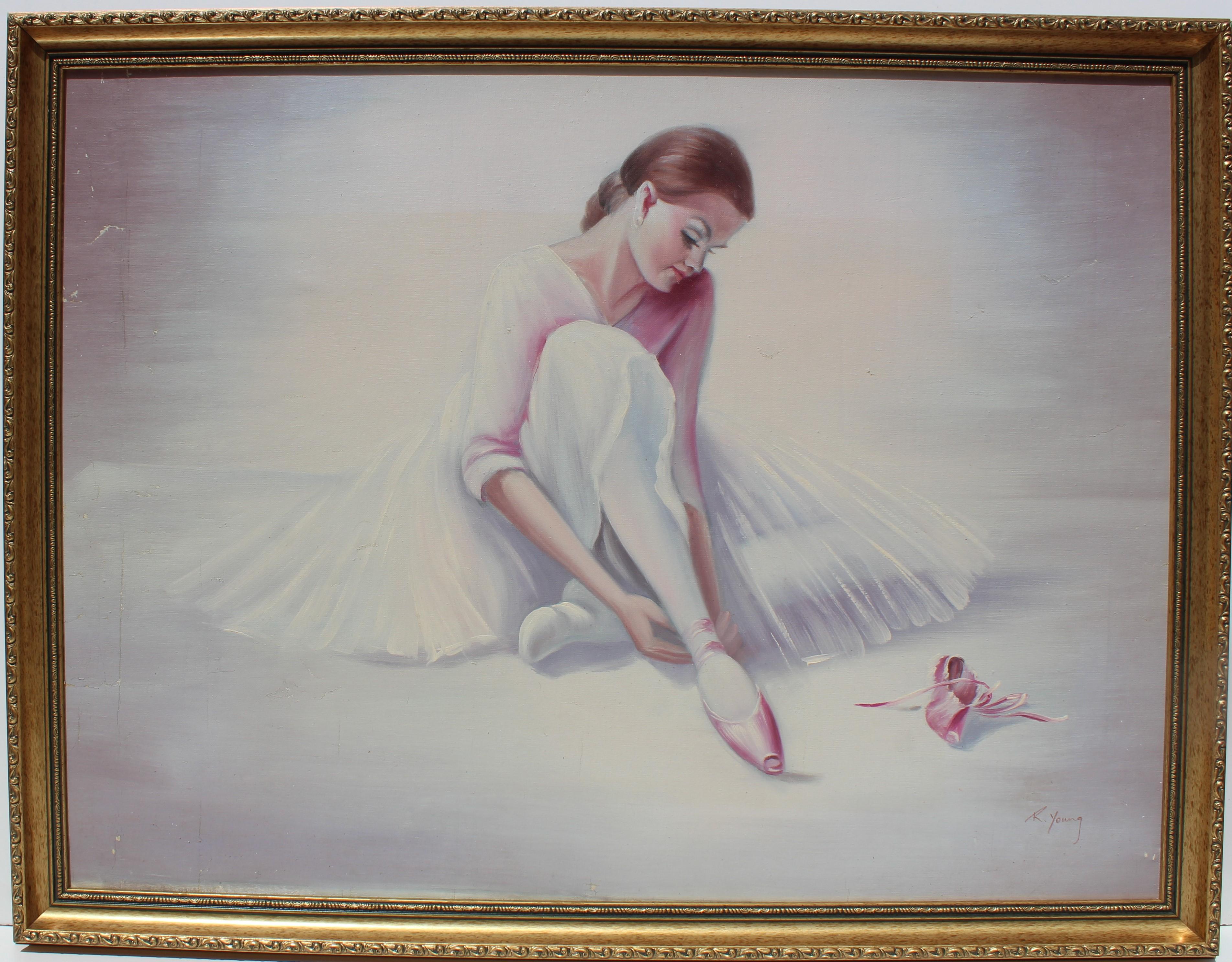 Großes Vintage-Ölgemälde auf Leinwand, R.Young, Ballerina, signiert, gerahmt