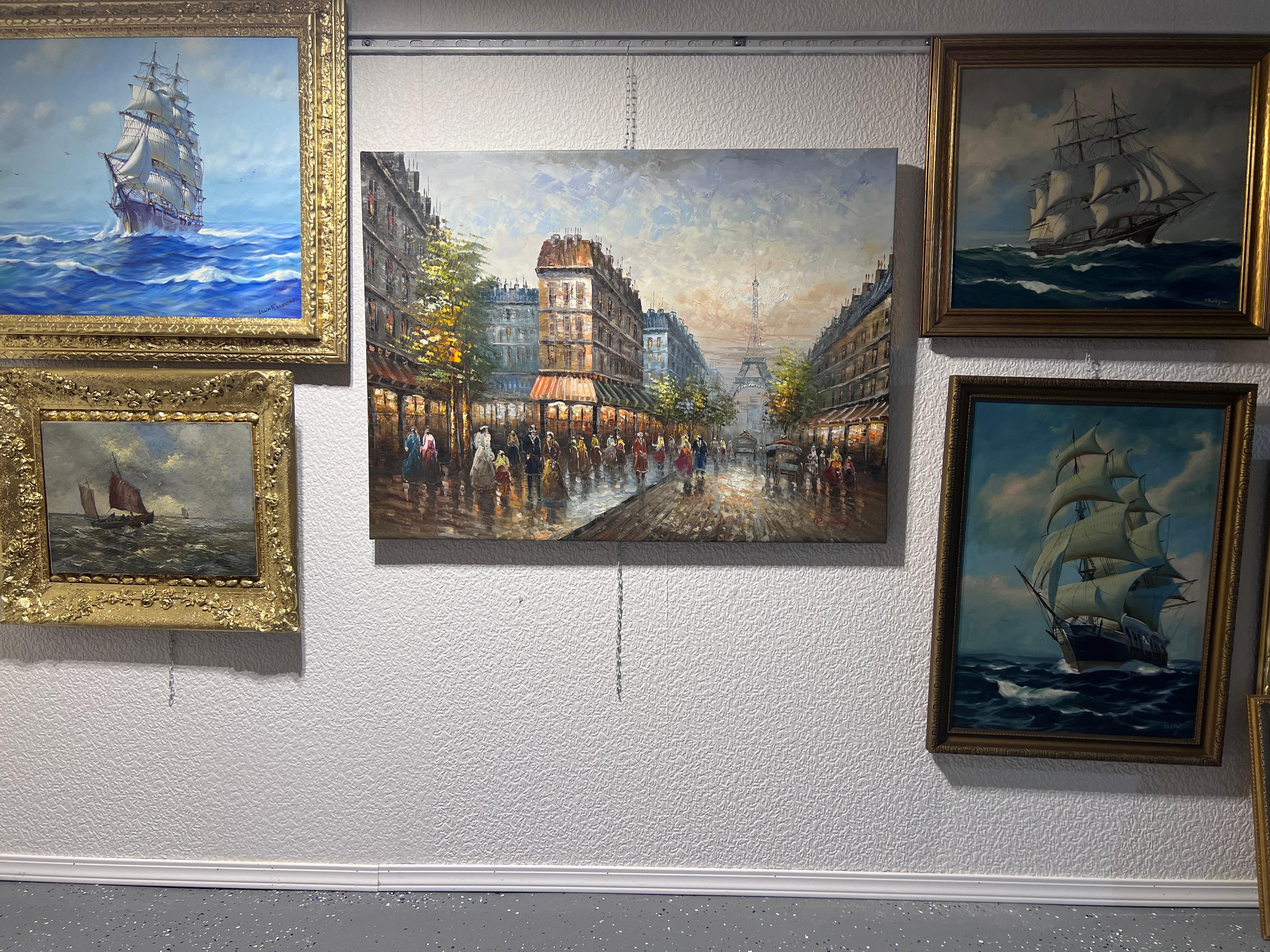 R.Young Large oil painting on canvas Paris street view, Unframed, Eiffel Tower - Painting by R. Young