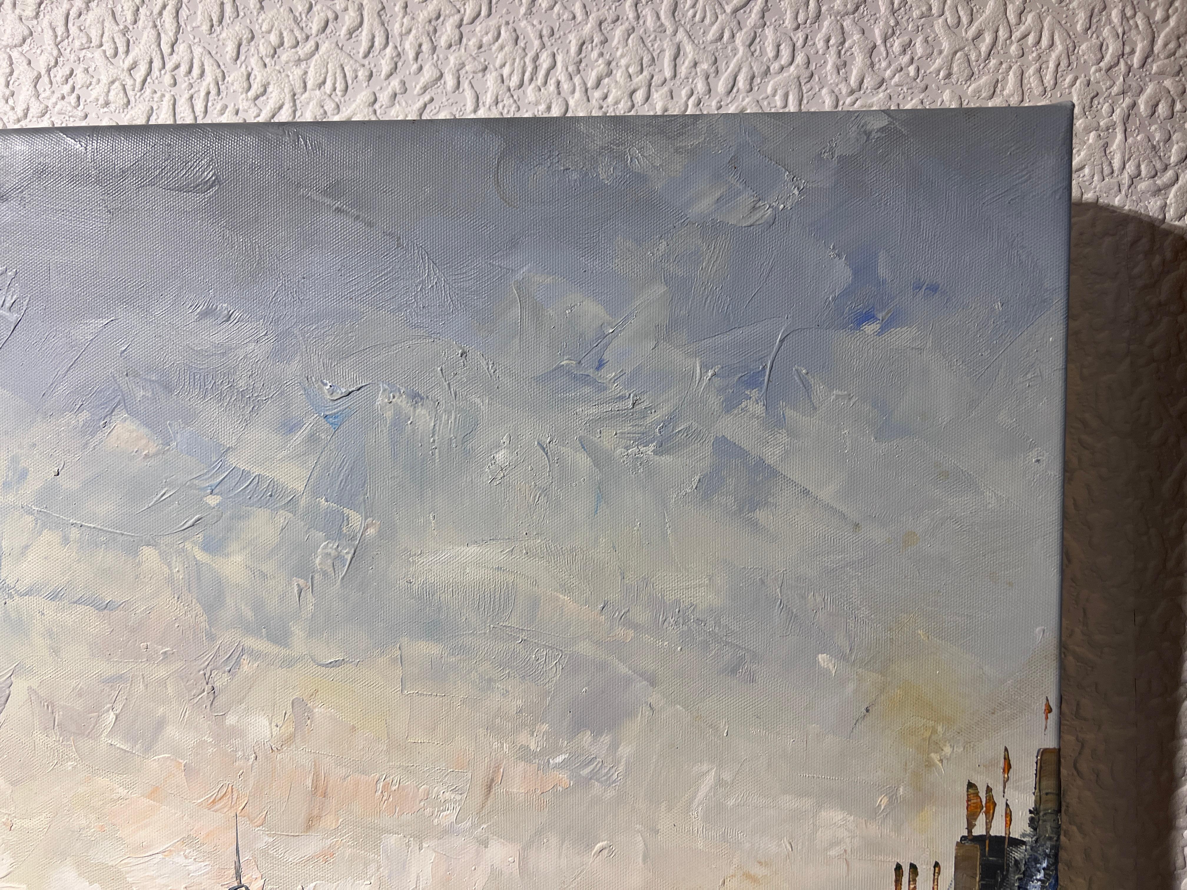 R.Young Large oil painting on canvas Paris street view, Unframed, Eiffel Tower - Impressionist Painting by R. Young