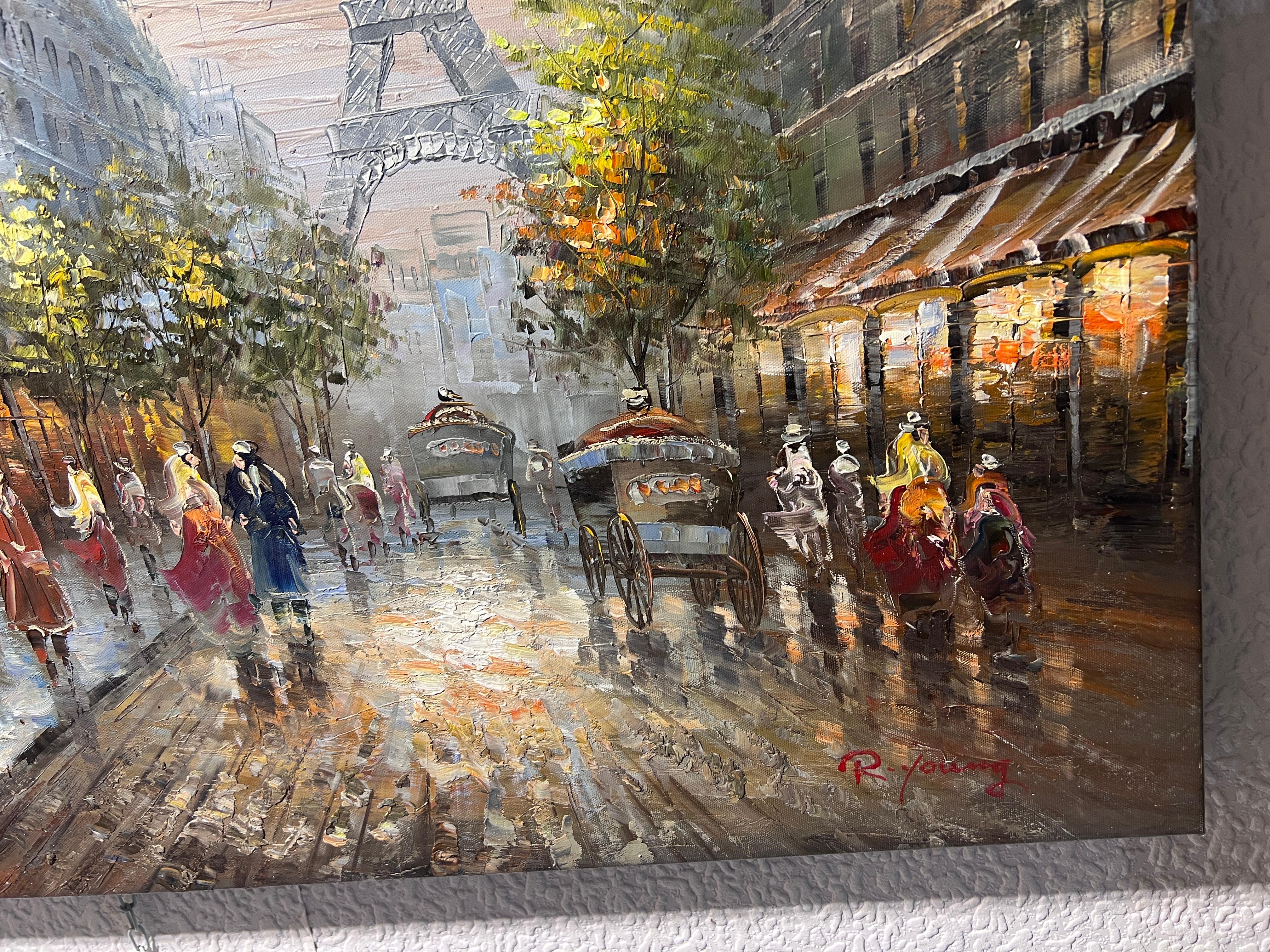 R.Young Large oil painting on canvas Paris street view, Unframed, Eiffel Tower - Gray Landscape Painting by R. Young