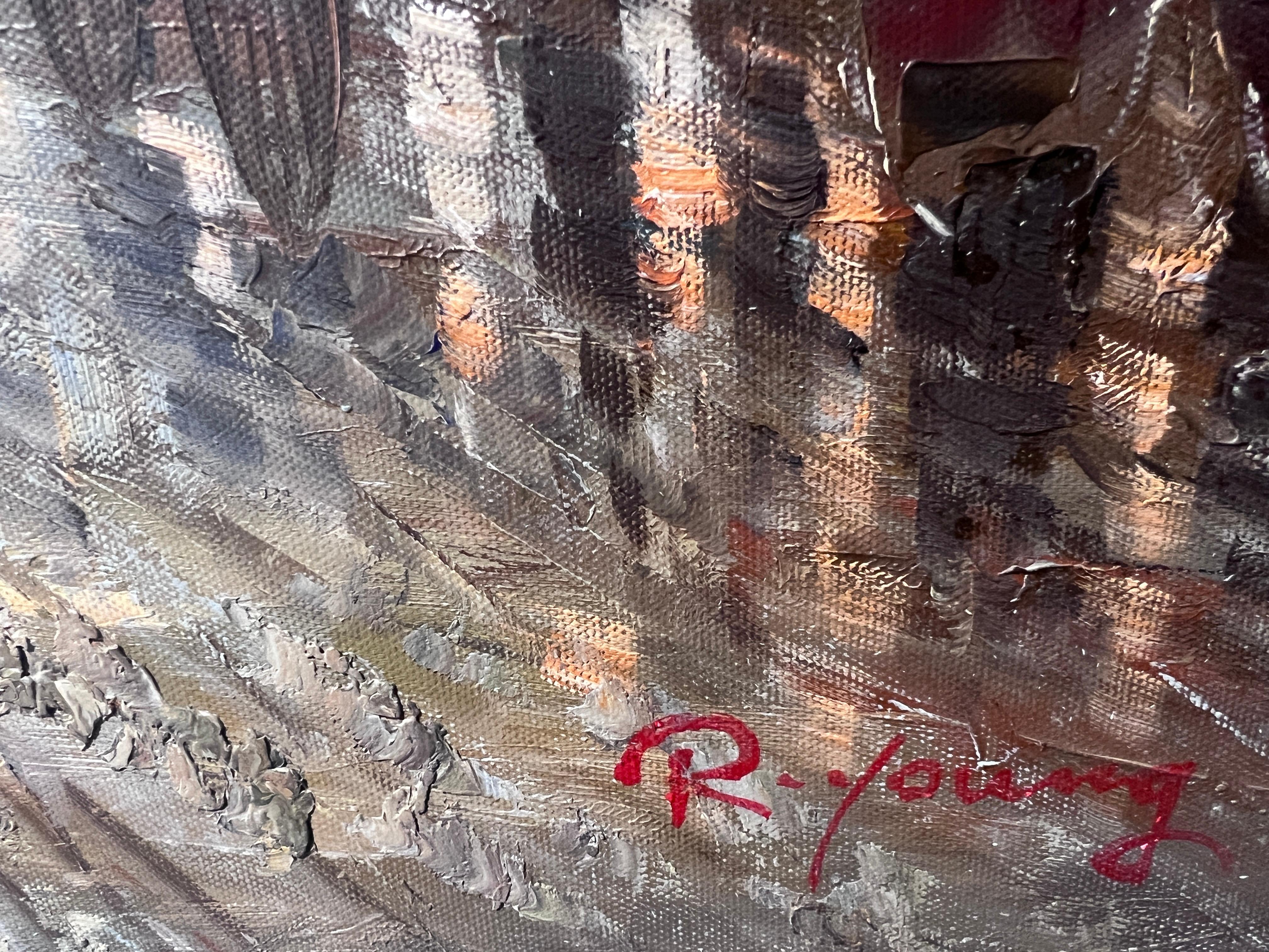 Up For Sale is a large original Oil Painting On canvas, depicting a Parisian street view of the Eiffel Tower.
Signed in the lower-right corner R.Young.
Unframed.

Condition: Good. Please see the photos, they are part of the description.

Measures 