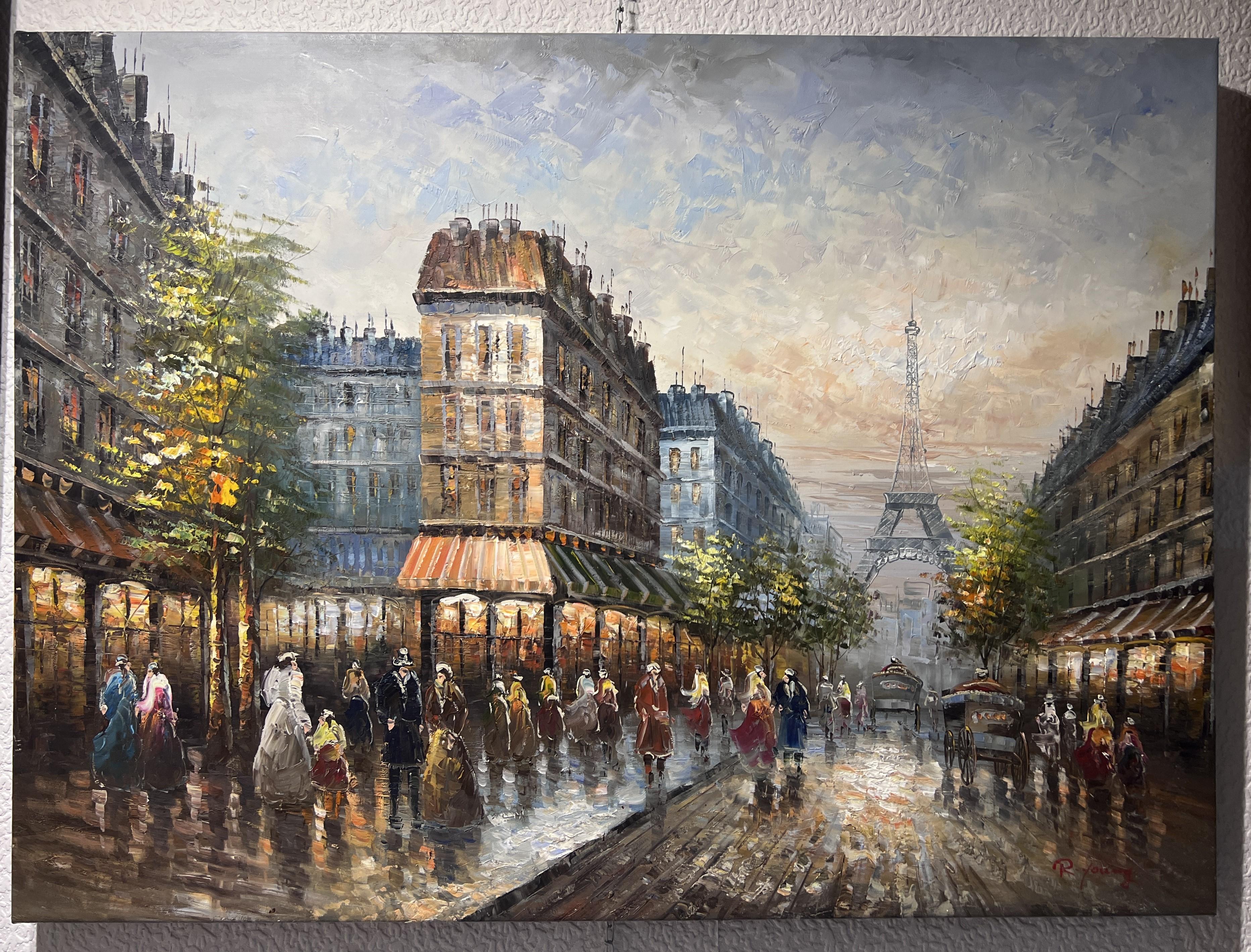 R. Young Landscape Painting - R.Young Large oil painting on canvas Paris street view, Unframed, Eiffel Tower