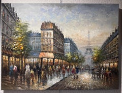 R.Young Large oil painting on canvas Paris street view, Unframed, Eiffel Tower