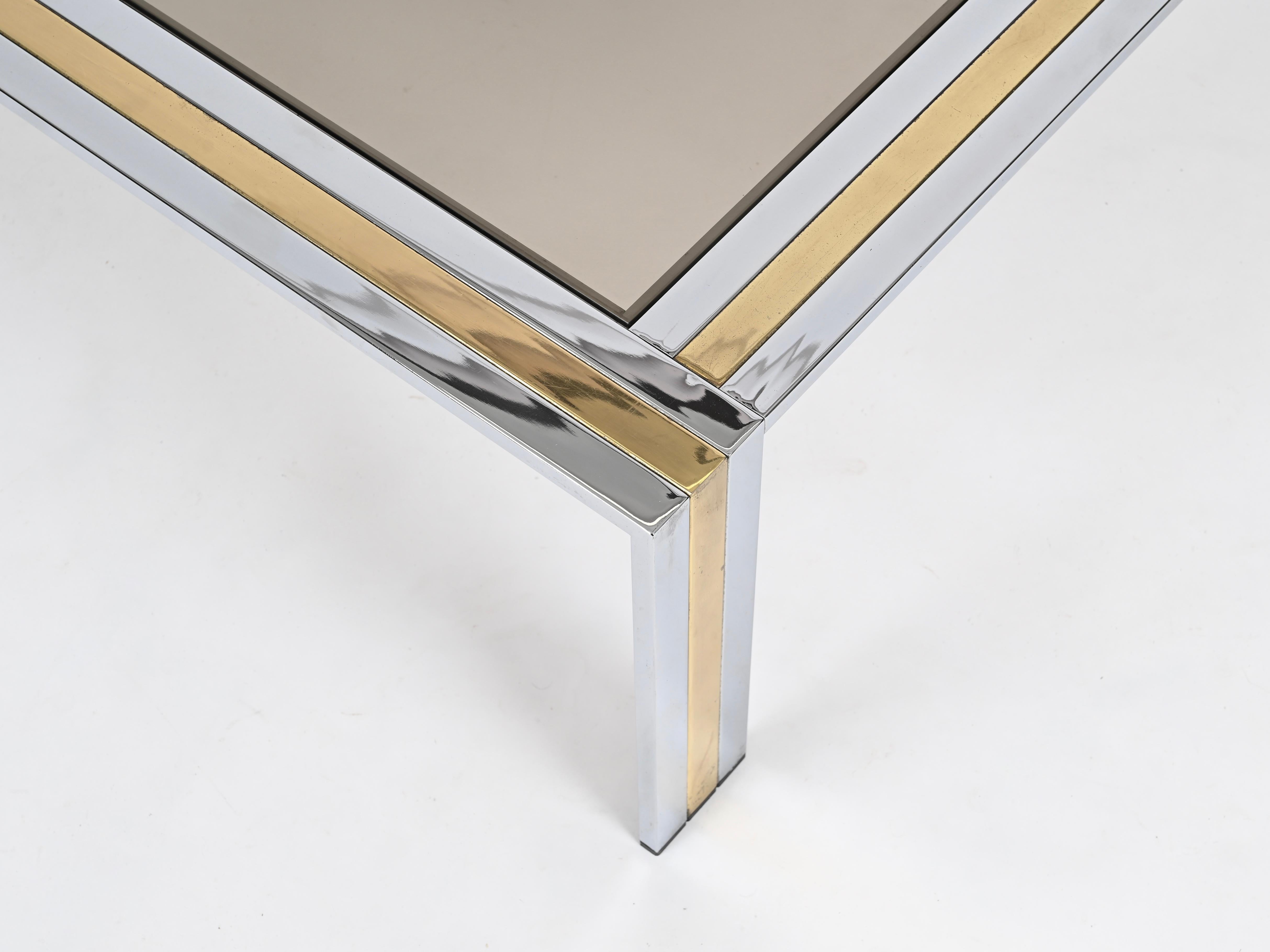 Grande table basse carrée R. Zevi en laiton, chrome et verre fumé, Italie 1970 en vente 11