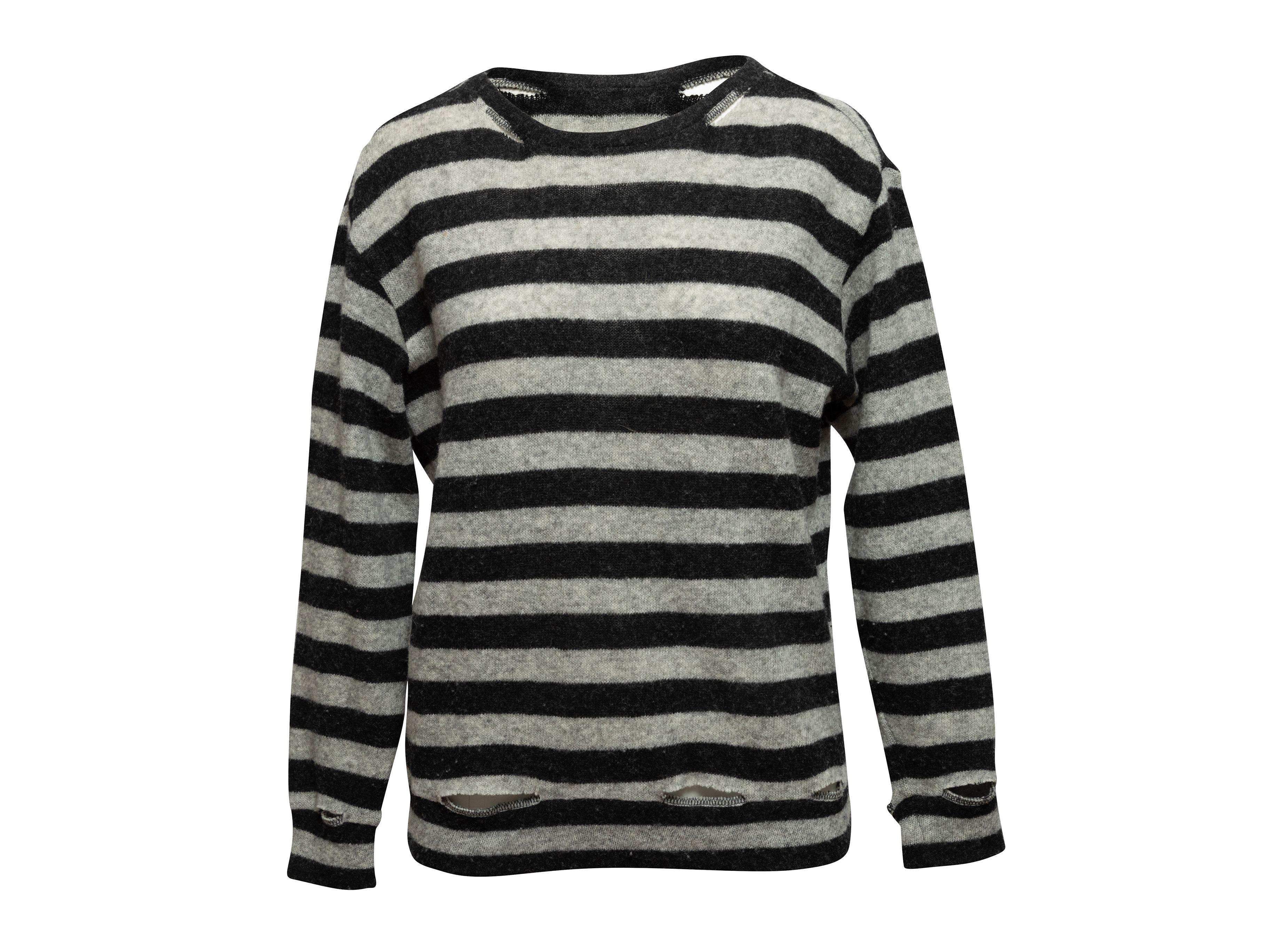 R13 Black & Grey Distressed Striped Wool Sweater In Good Condition In New York, NY