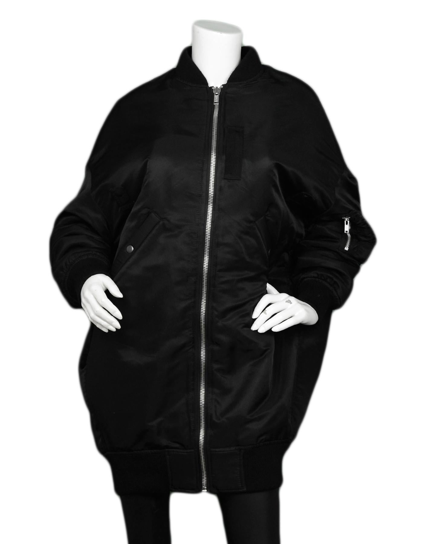 R13 Black Long Bomber Jacket sz S

Made In: China with Japanese Materials
Color: Black
Materials: 100% Nylon
Lining: 100% Nylon
Opening/Closure: Front zip
Overall Condition: Excellent pre-owned condition

Tag Size: US Small *Please refer to