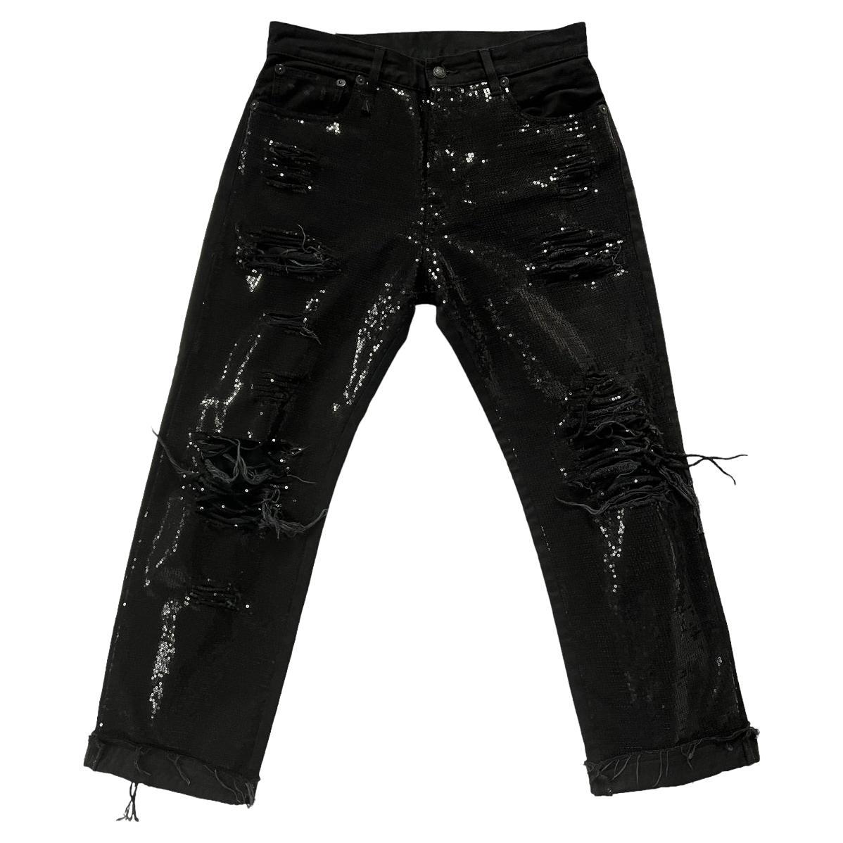 R13 Black Sequin Boyfriend Jeans Pants, Size 25 For Sale