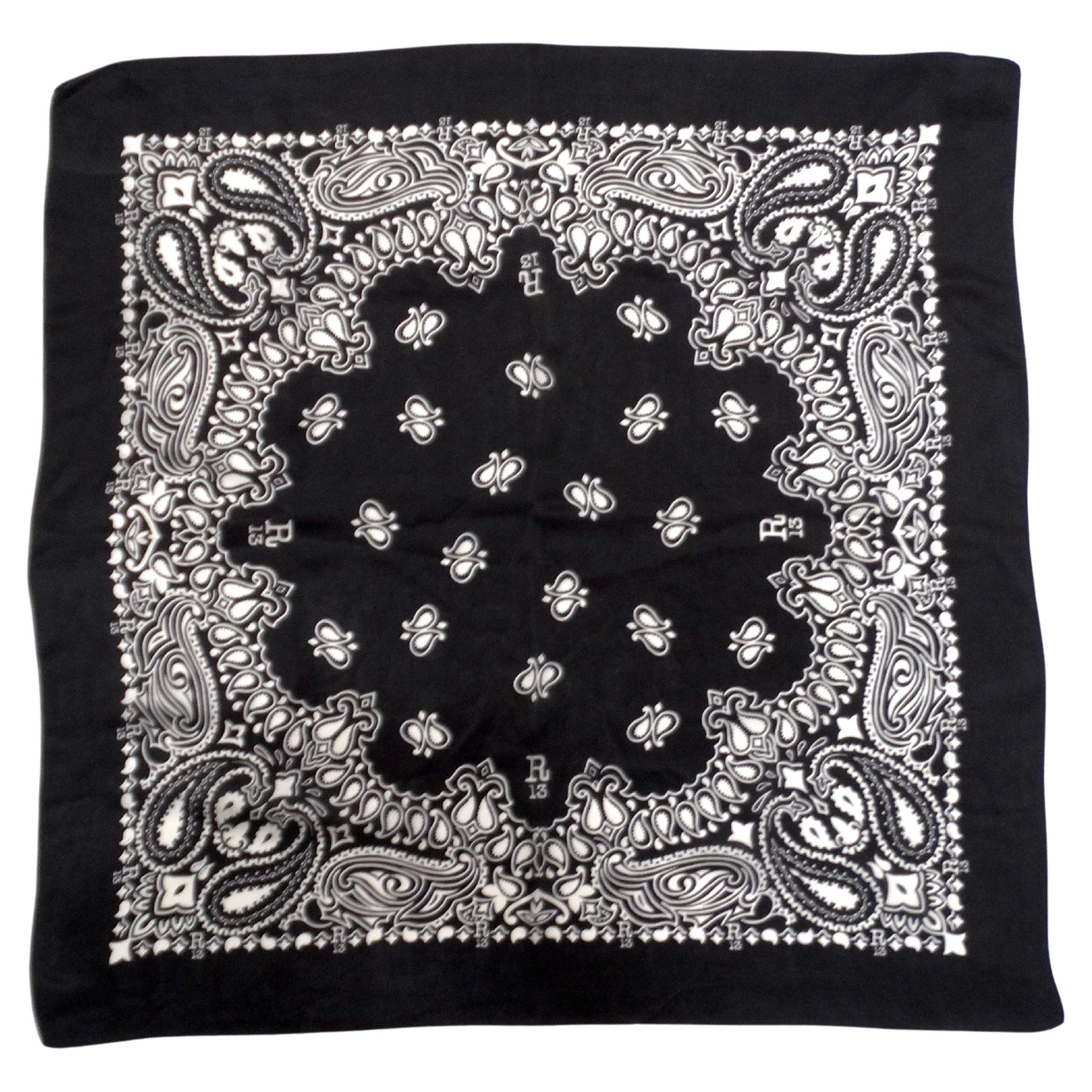 R13 Black & White Paisley Bandana Silk Scarf in vendita