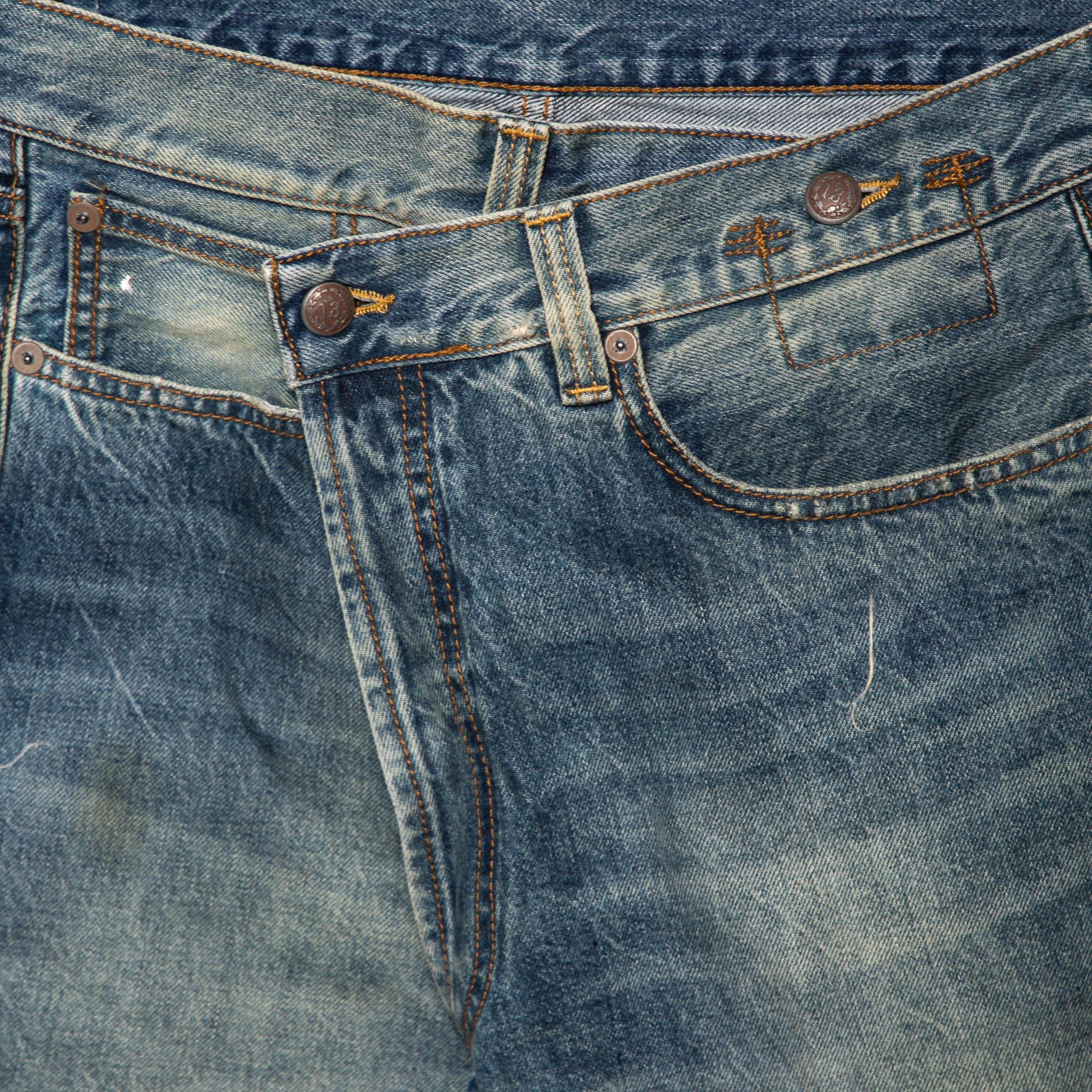 R13 Blaue Denim-Shorts mit asymmetrischer Taille und ausgefranstem Rand, M (Grau) im Angebot