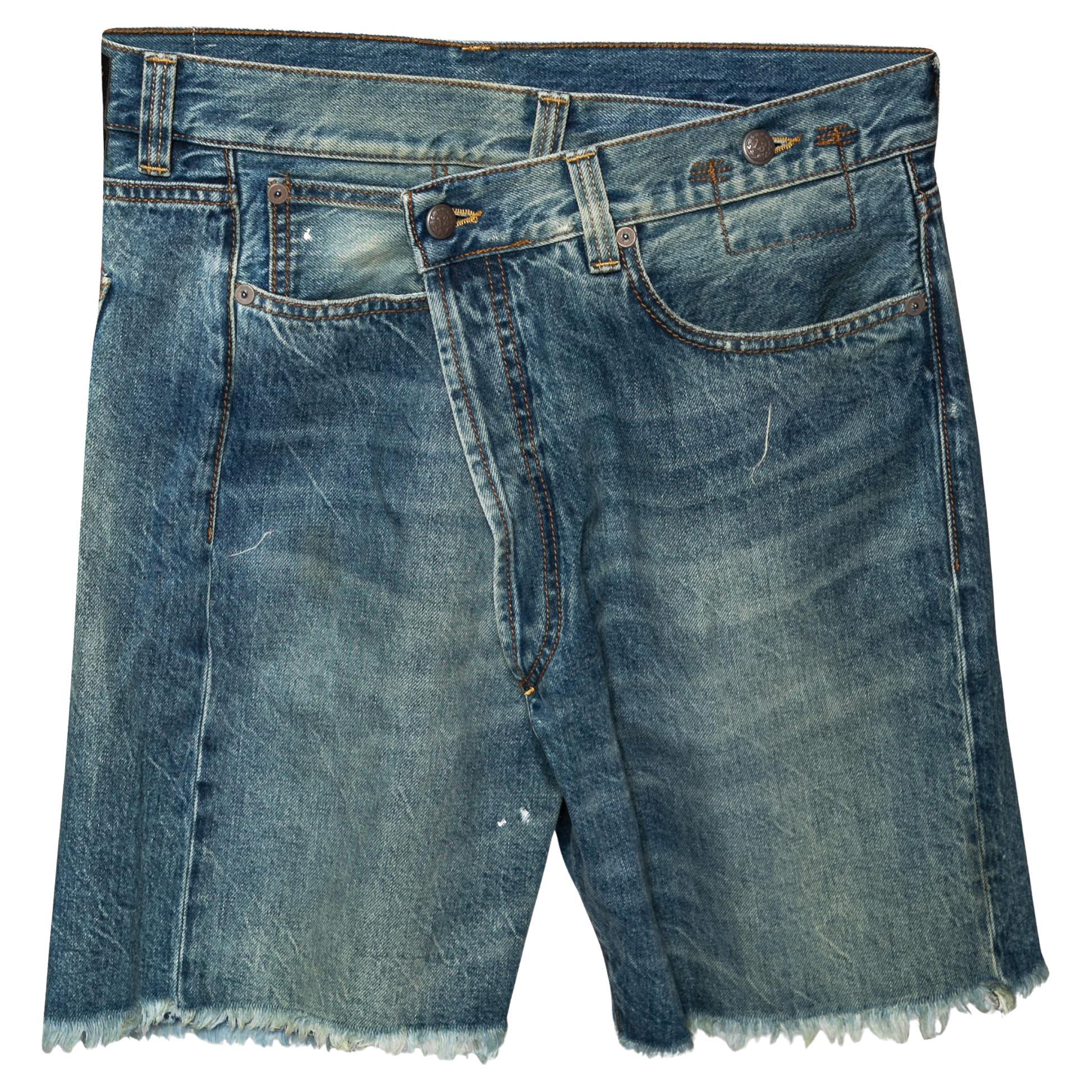R13 Blue Denim Asymmetric Waist Frayed Edged Shorts M For Sale