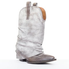 R13 Bottes « low rider » de style cowboy en cuir délavé gris, coupe ample, montant mi-mollet, taille EU38