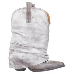 R13 Bottes « low rider » de style cowboy en cuir délavé gris, coupe ample, montant mi-mollet, taille EU38