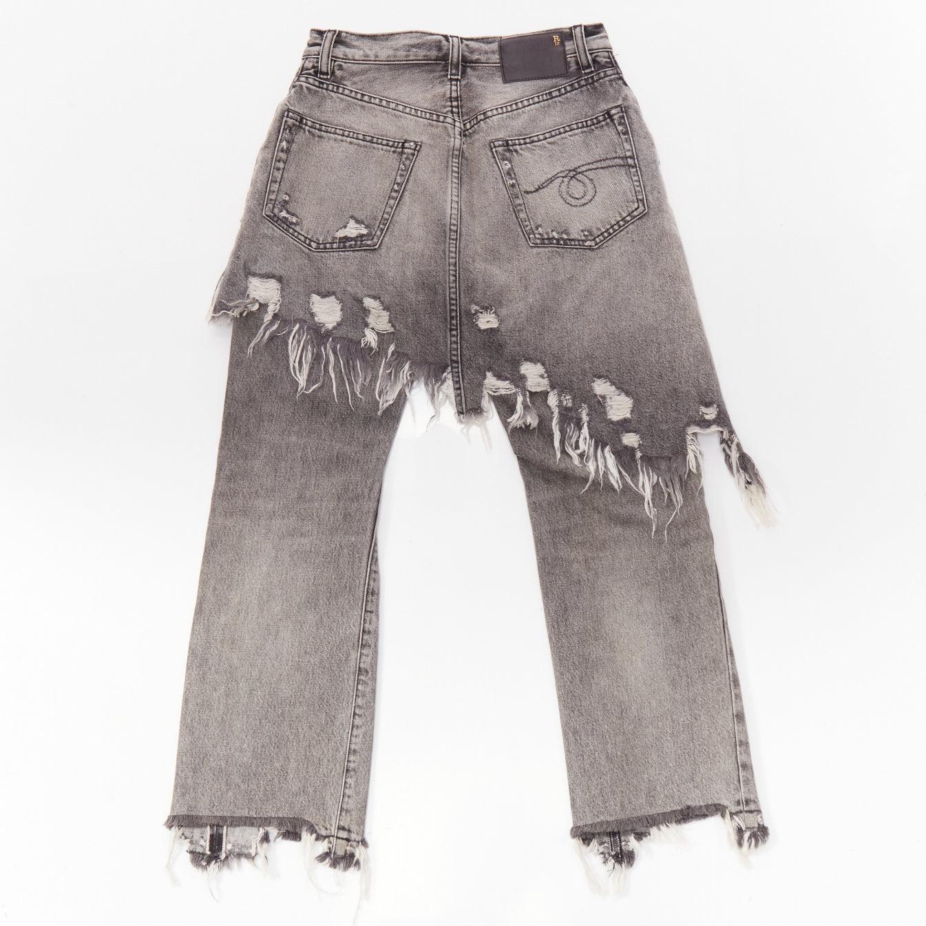 R13 grey distressed stone washed layered asymmetric skirt cropped jeans XS In Good Condition For Sale In Hong Kong, NT