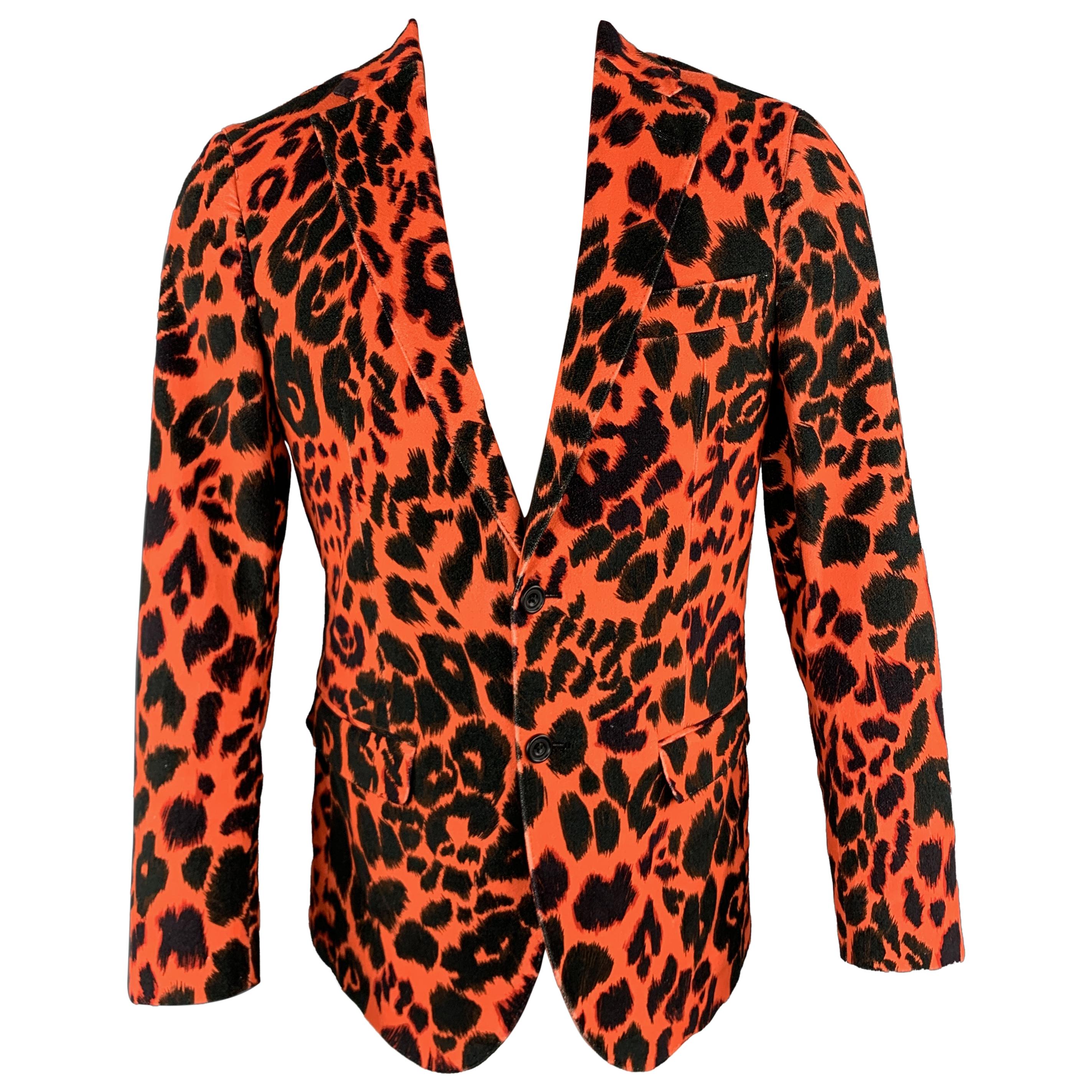 R13 Size 38 Orange & Black Leopard Print Cotton Velvet Notch Lapel Sport Coat