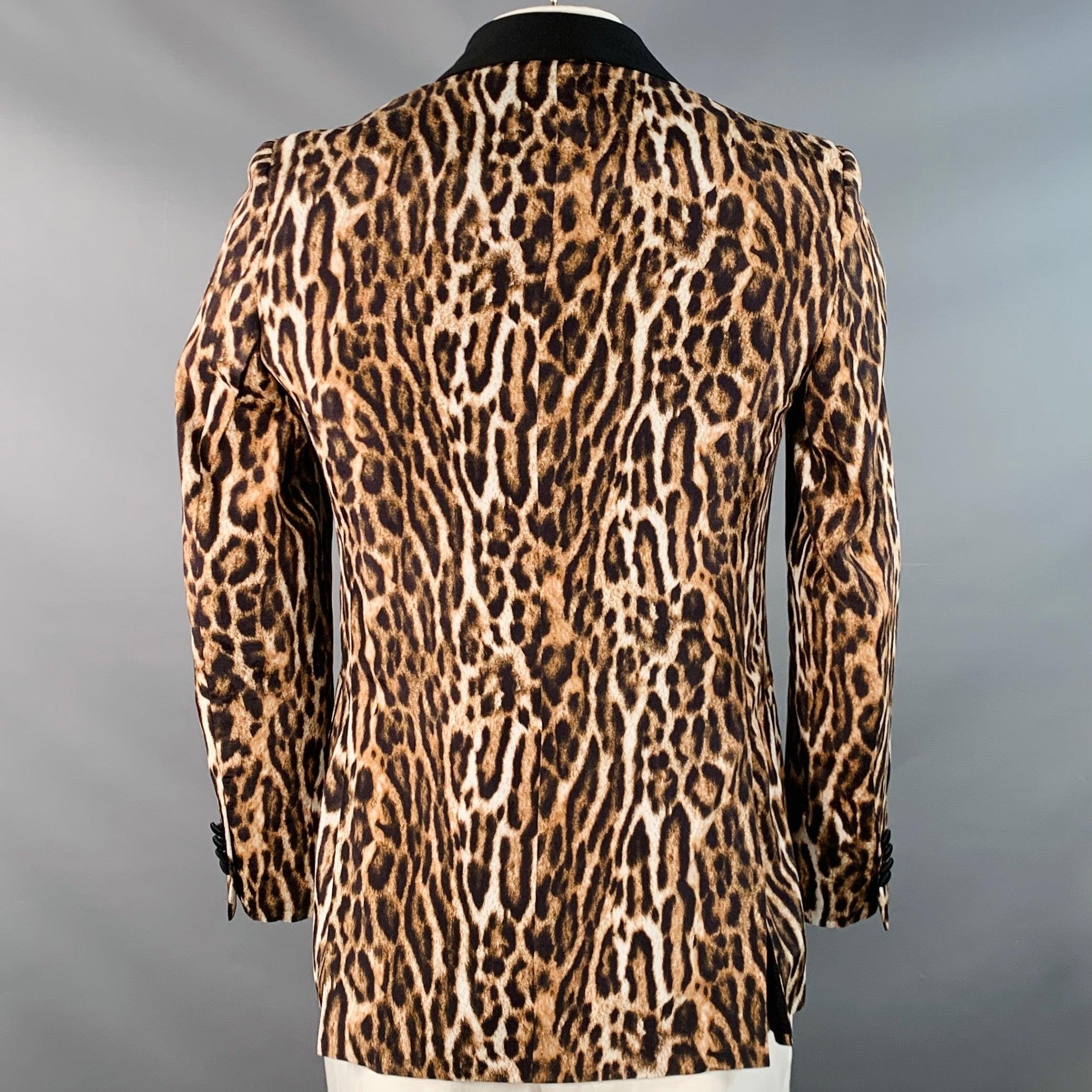 R13 Size L Brown Black White Animal Print Viscose Silk Shawl Collar Sport Coat Excellent état - En vente à San Francisco, CA