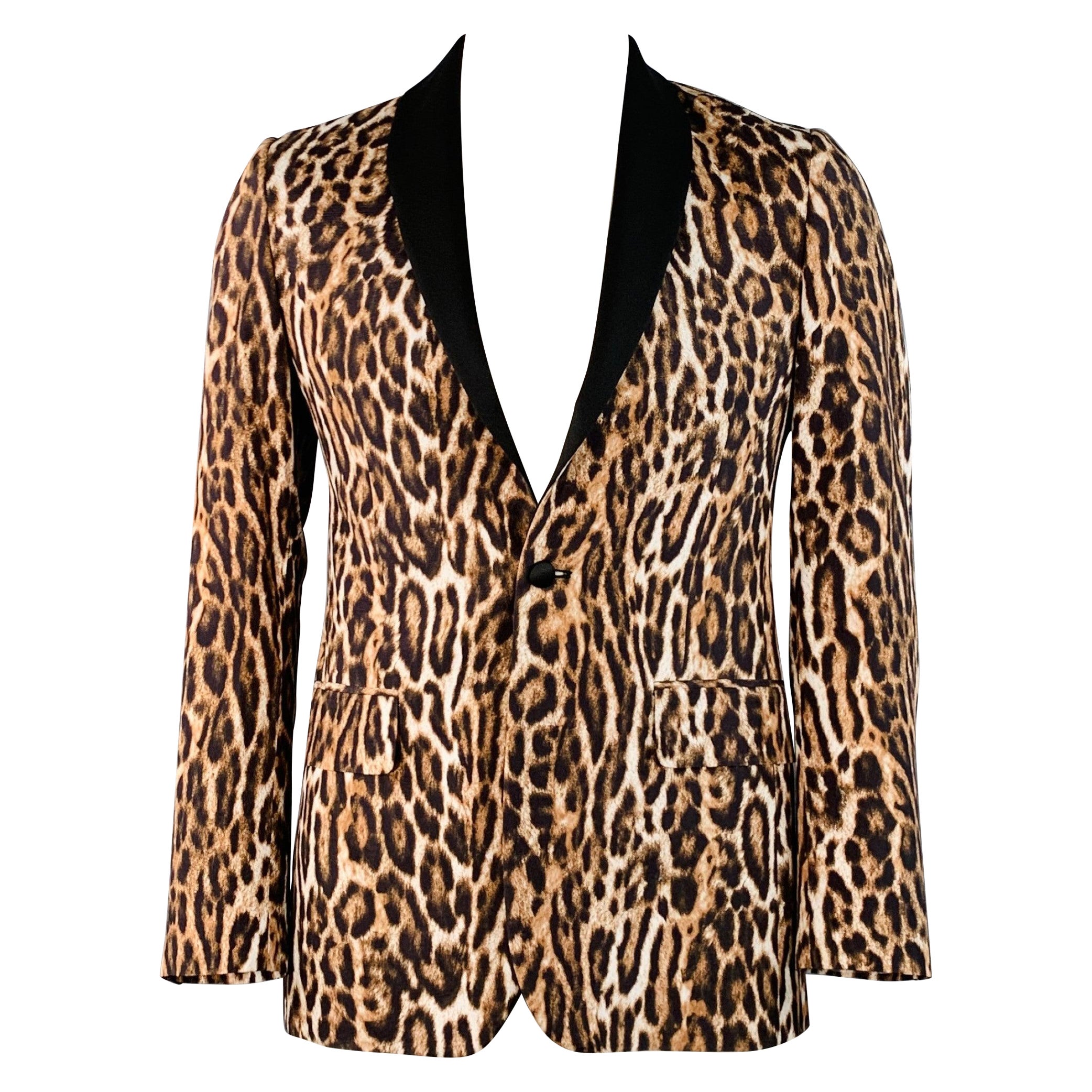 R13 Size L Brown Black White Animal Print Viscose Silk Shawl Collar Sport Coat en vente