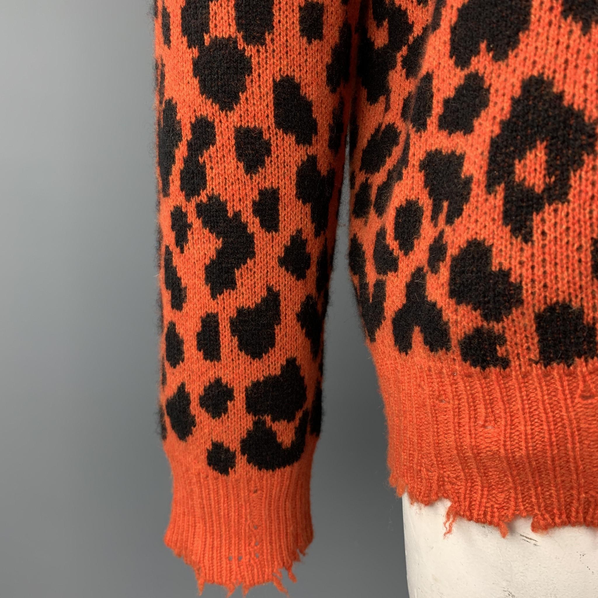 R13 Size L Orange & Black Leopard Print Cashmere Distressed Pullover Sweater In New Condition In San Francisco, CA