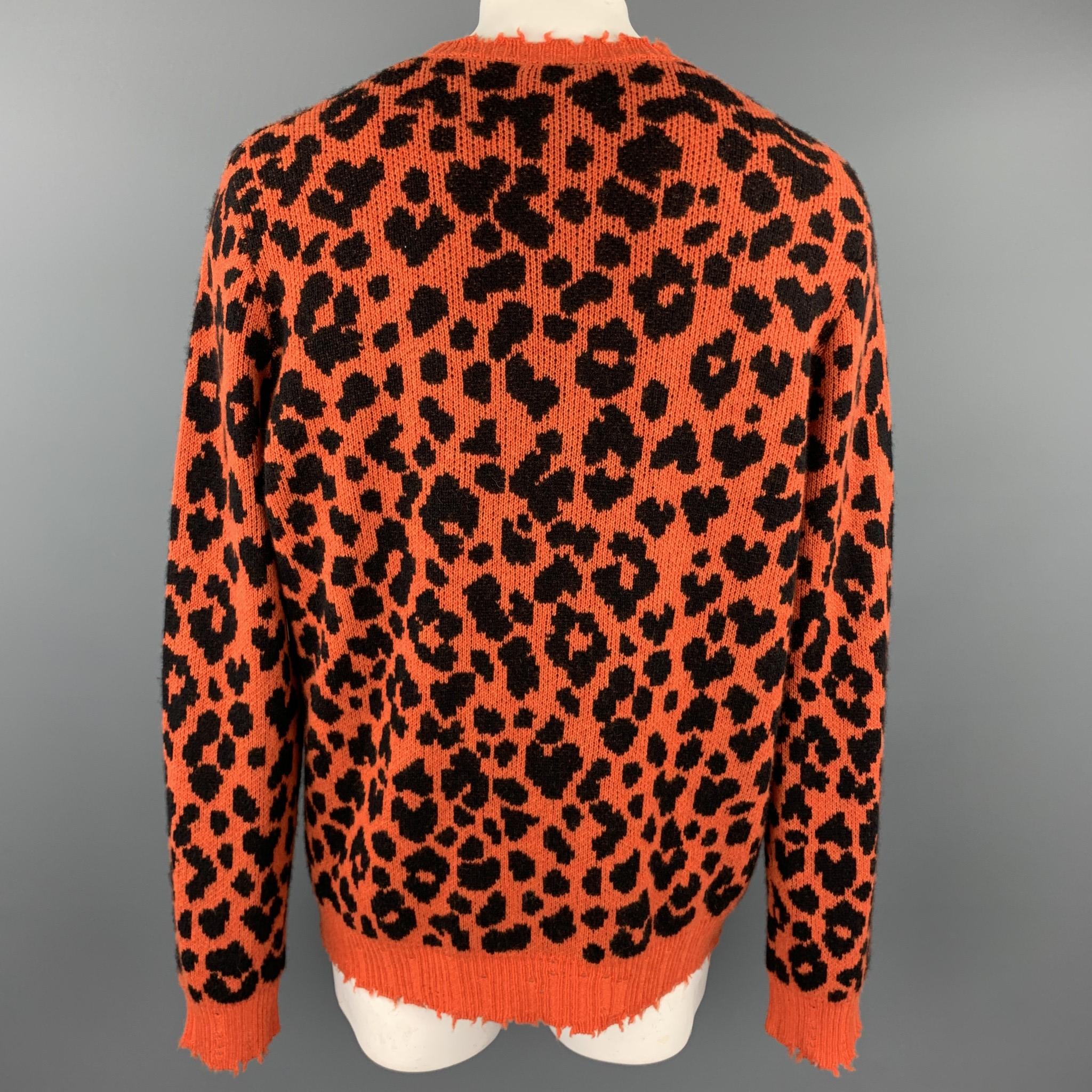 Men's R13 Size L Orange & Black Leopard Print Cashmere Distressed Pullover Sweater