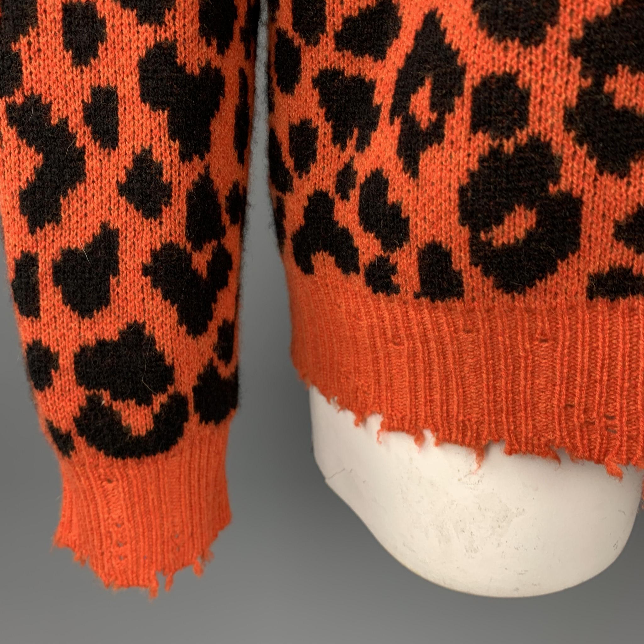 R13 Size L Orange & Black Leopard Print Cashmere Distressed Pullover Sweater 1