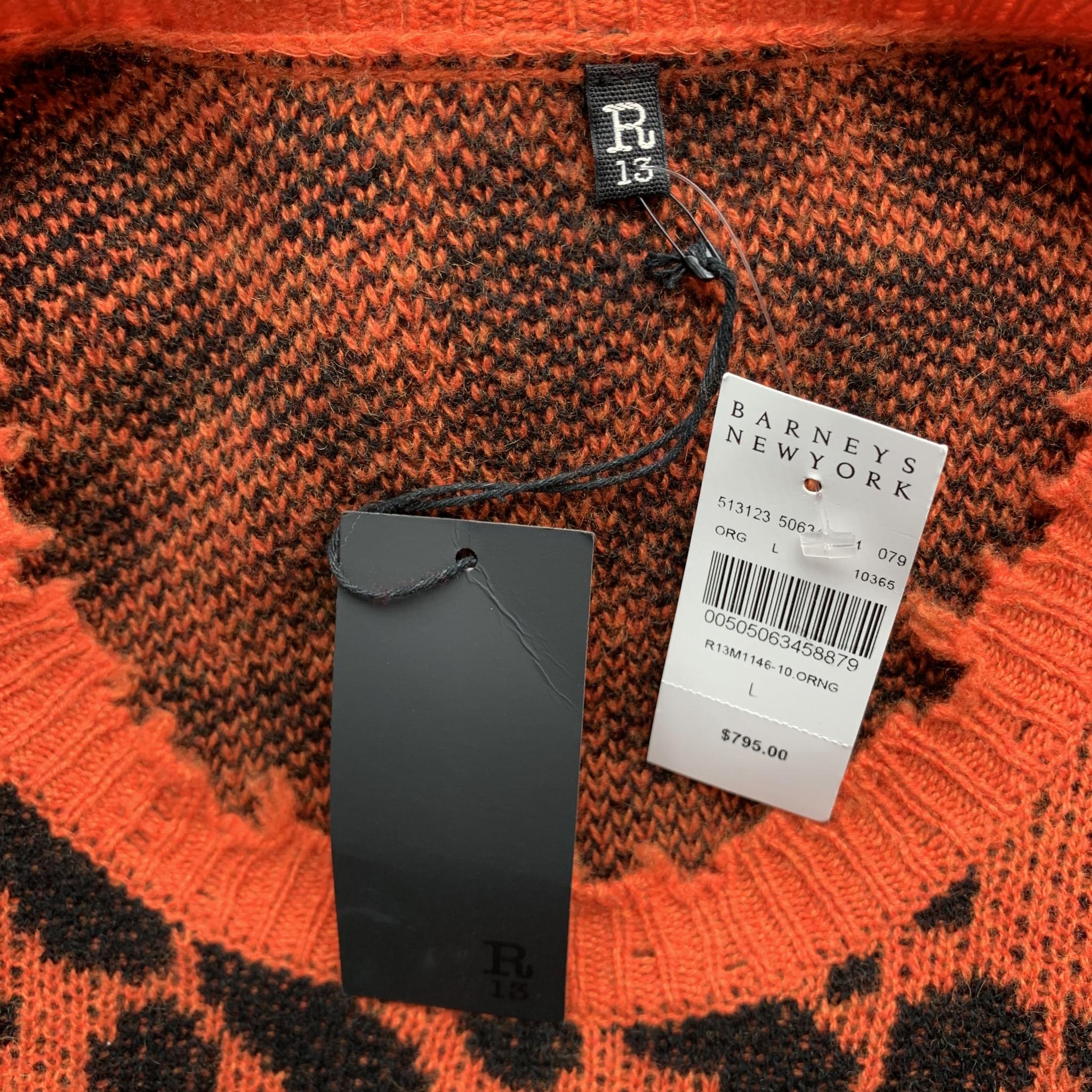 R13 Size L Orange & Black Leopard Print Cashmere Distressed Pullover Sweater 2