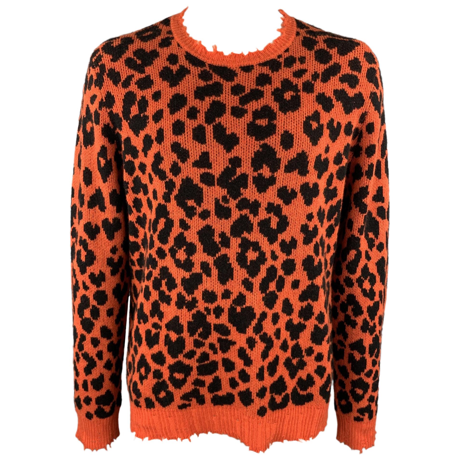 R13 Size L Orange & Black Leopard Print Cashmere Distressed Pullover Sweater