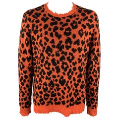 R13 Size L Orange & Black Leopard Print Cashmere Distressed Pullover Sweater