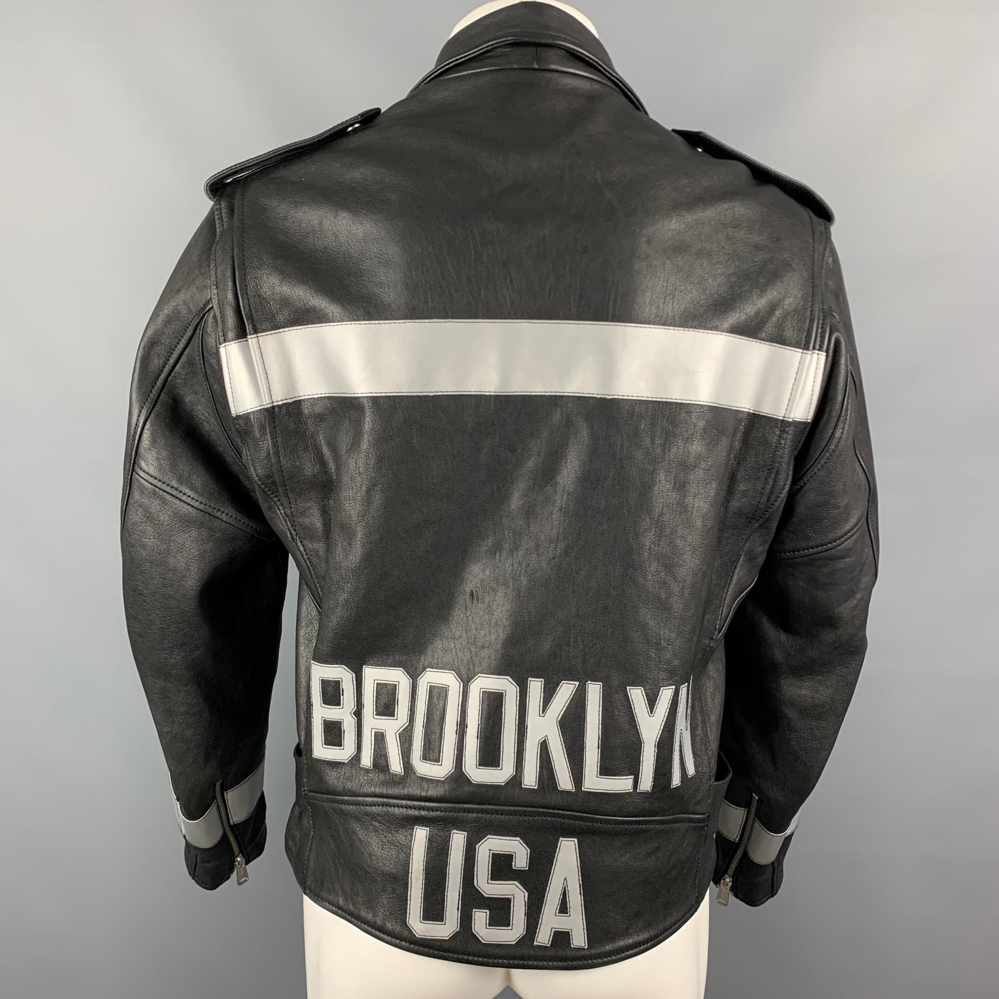 R13 Size M Black Leather Brooklyn USA Biker Jacket In Good Condition In San Francisco, CA