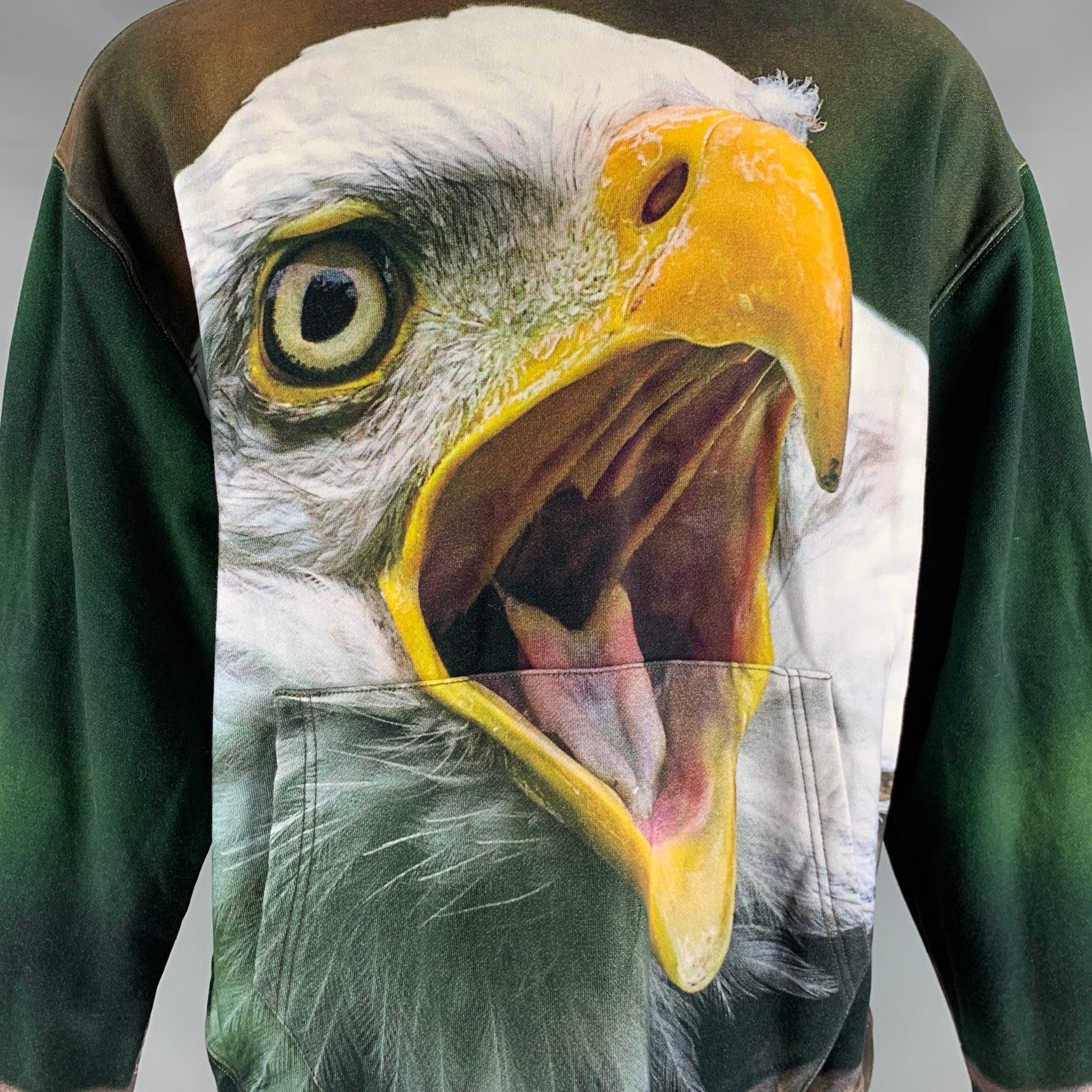 R13 sweatshirt
in a
green cotton fabric featuring oversized fit, eagle print, hooded style, and kangaroo pockets.Very Good Pre-Owned Condition. Missing hood drawstring. 

Marked:   S 

Measurements: 
 
Shoulder: 24 inches Chest: 50 inches Sleeve: