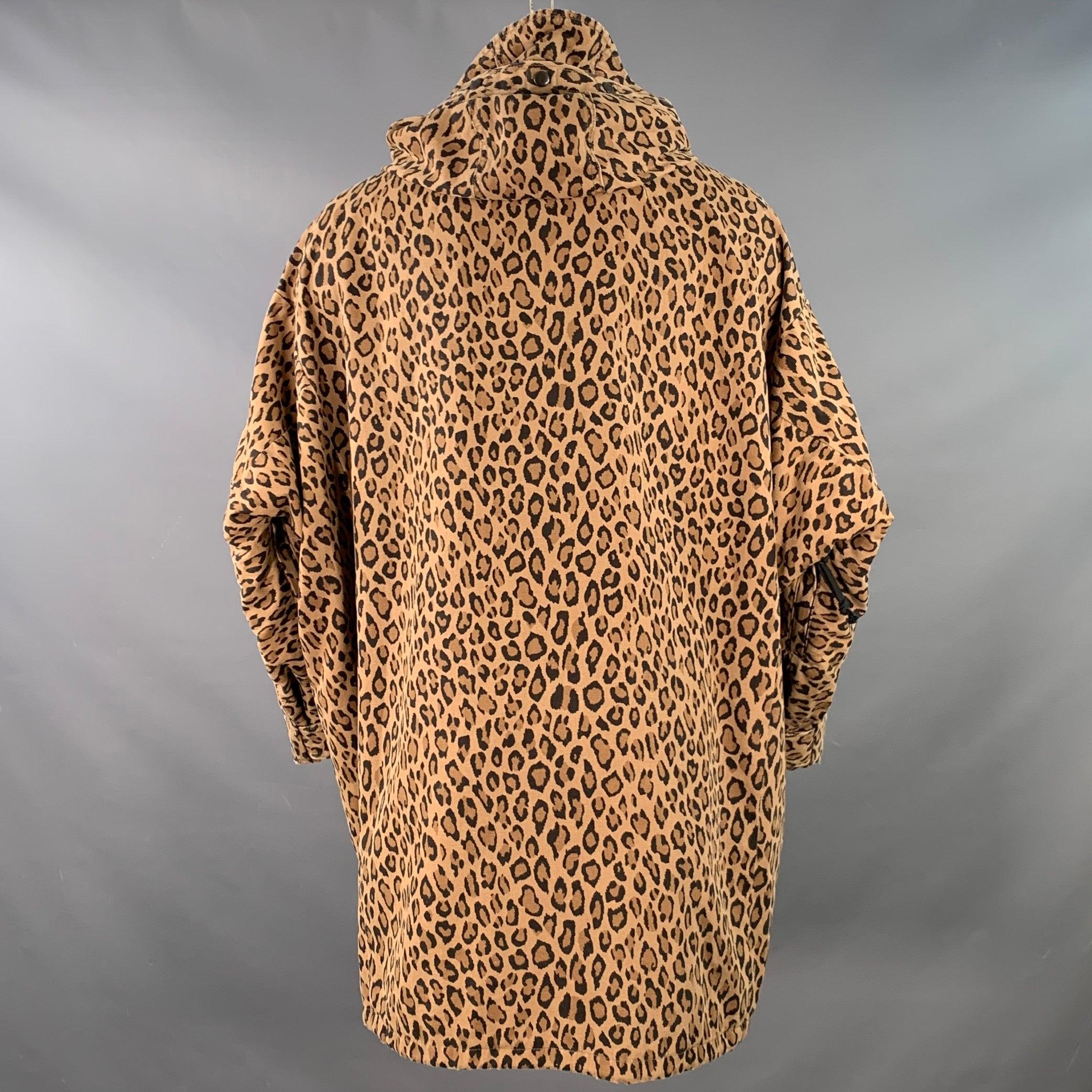 Beige R13 Size S Tan Black Animal Print Oversized Hooded Parka Coat en vente