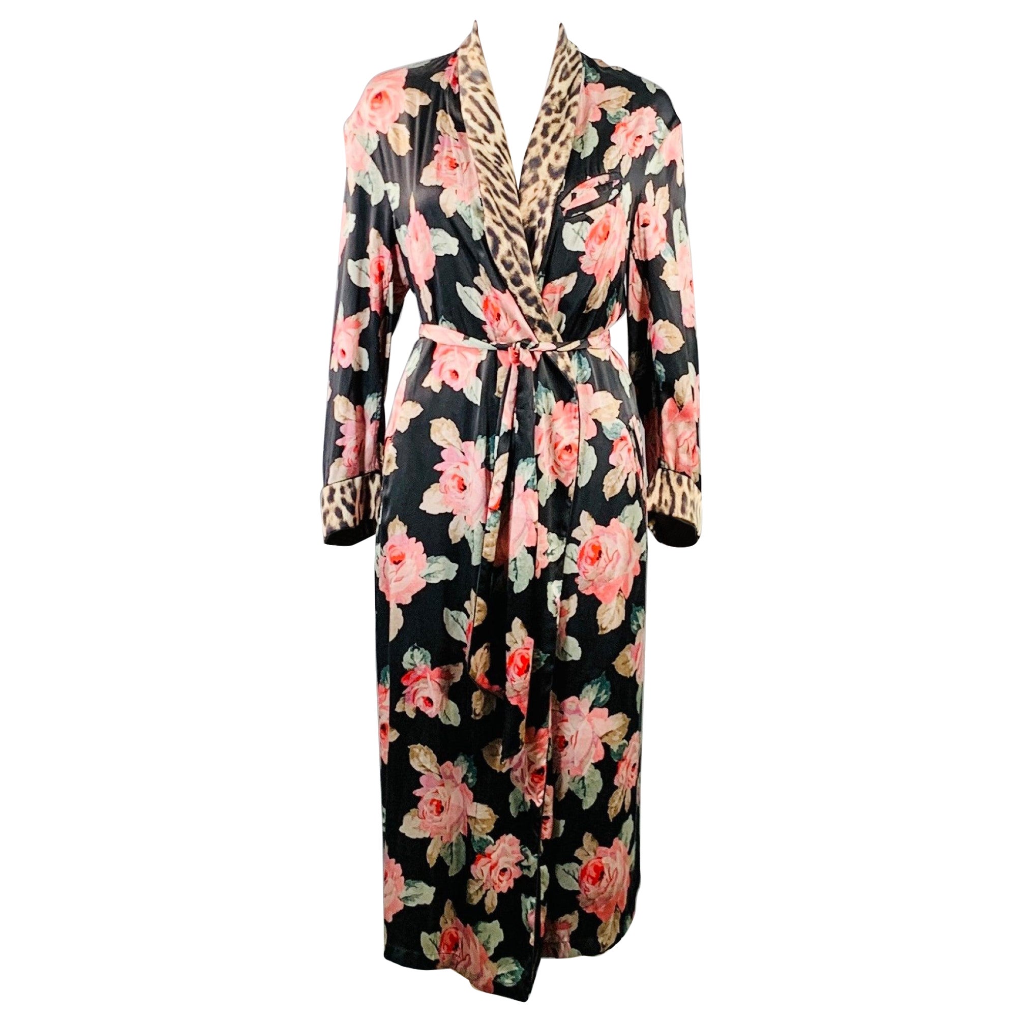R13 Size XS Black Multi Color Silk Floral Shawl Collar Smoking Robe