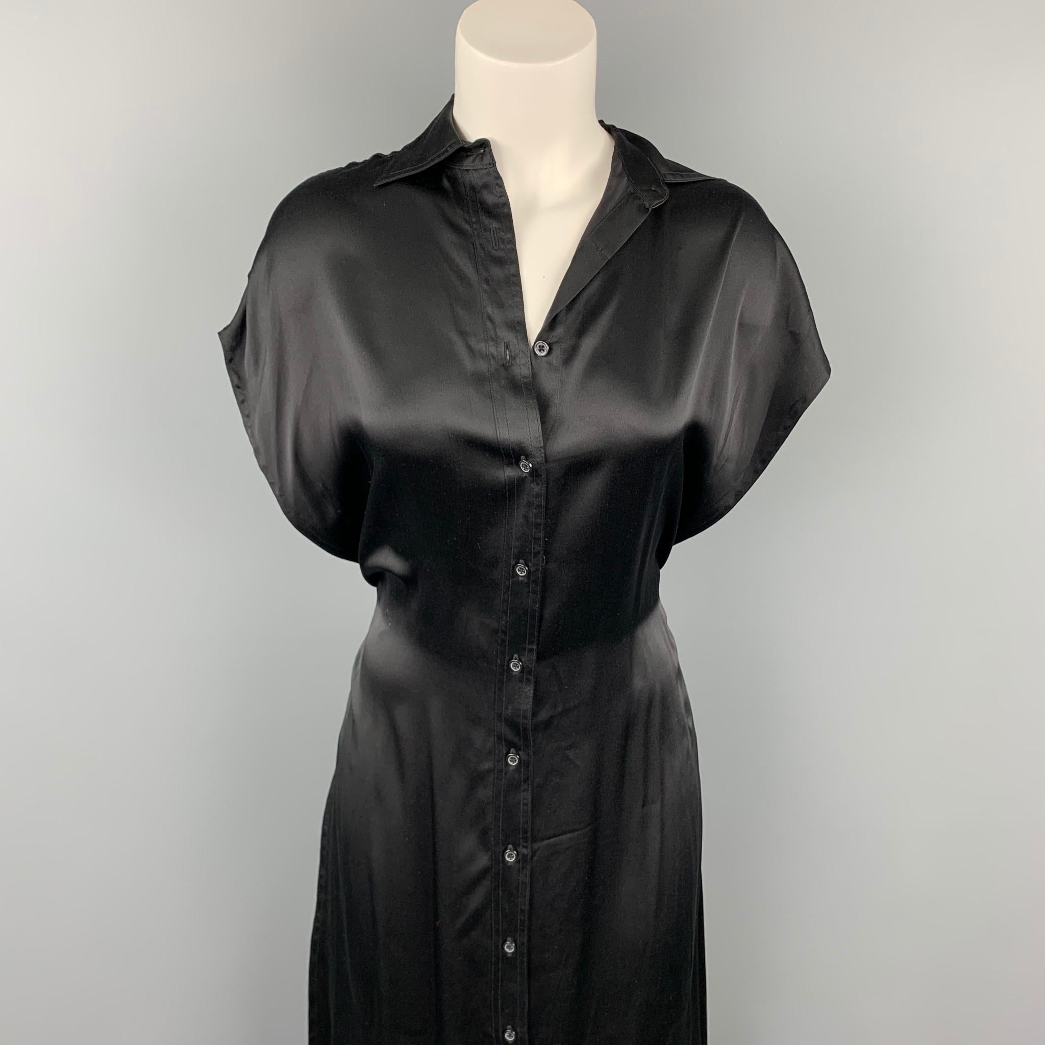 R13 shirt dress comes in a black satin silk featuring dropped sleeves, tie up design, spread collar, and a buttoned closure. 

Very Good Pre-Owned Condition.
Marked: XS

Measurements:

Shoulder: 20 in.
Waist: 28 in.
Hip: 34 in.
Sleeve: 23