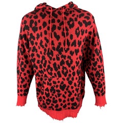 R13 Size XS Red & Black Leopard Print Cashmere Oversized Distressed Hooded Sweat