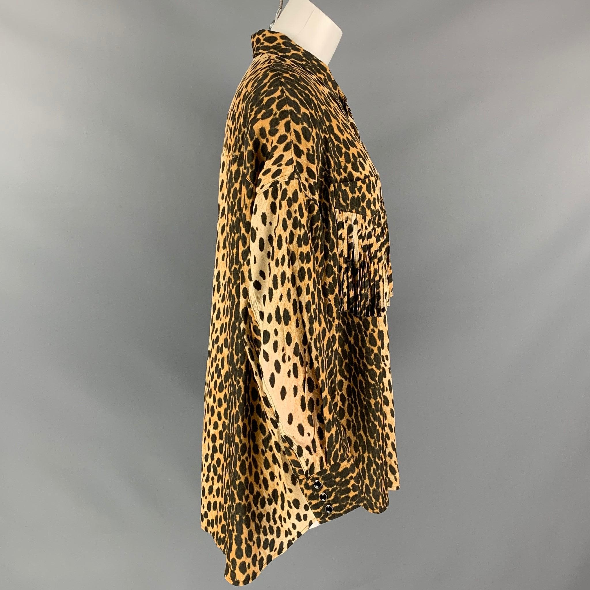 Marron R13 Taille XS Western Fringe Tan Brown Cotton Animal Print Oversized Shirt en vente