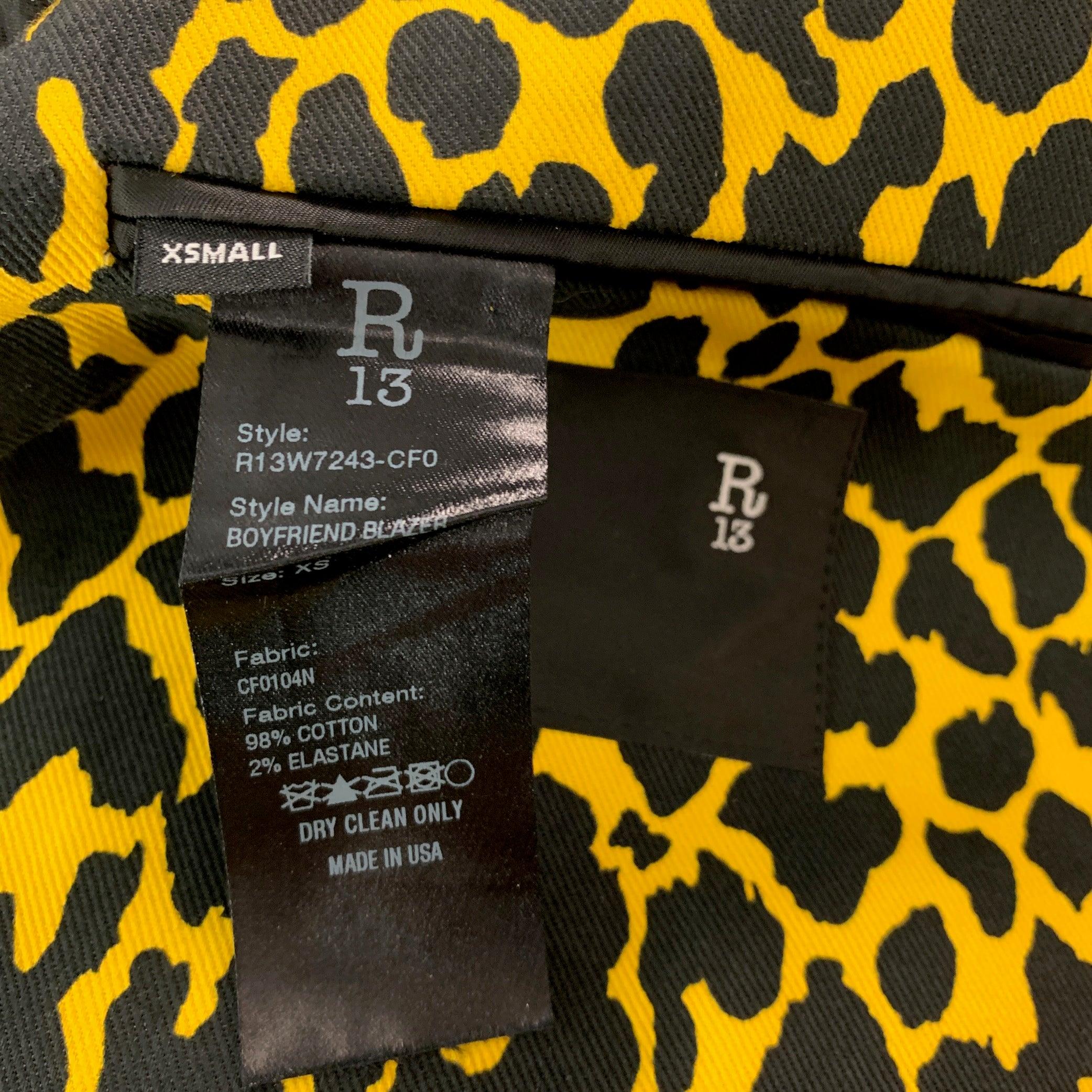R13 Size XS Yellow Black Animal Print Cotton Notch Lapel  Suit 6