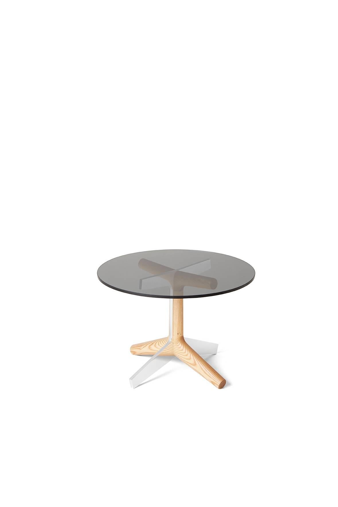 American R4 Side Table, Modern Ash Hardwood, Glass and Polished Aluminum End Table For Sale