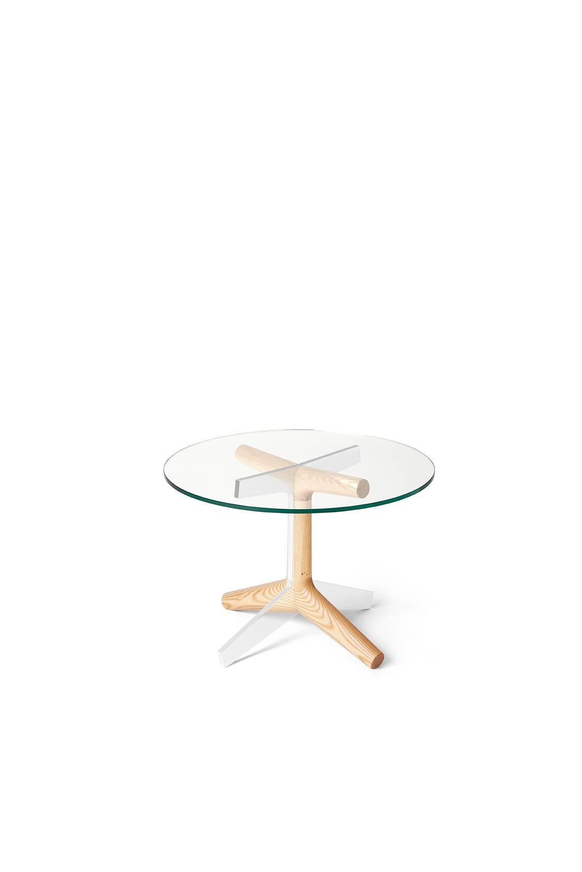 American R4 Side Table, Modern Hardwood, Smoke Glass, and Polished Aluminium End Table For Sale