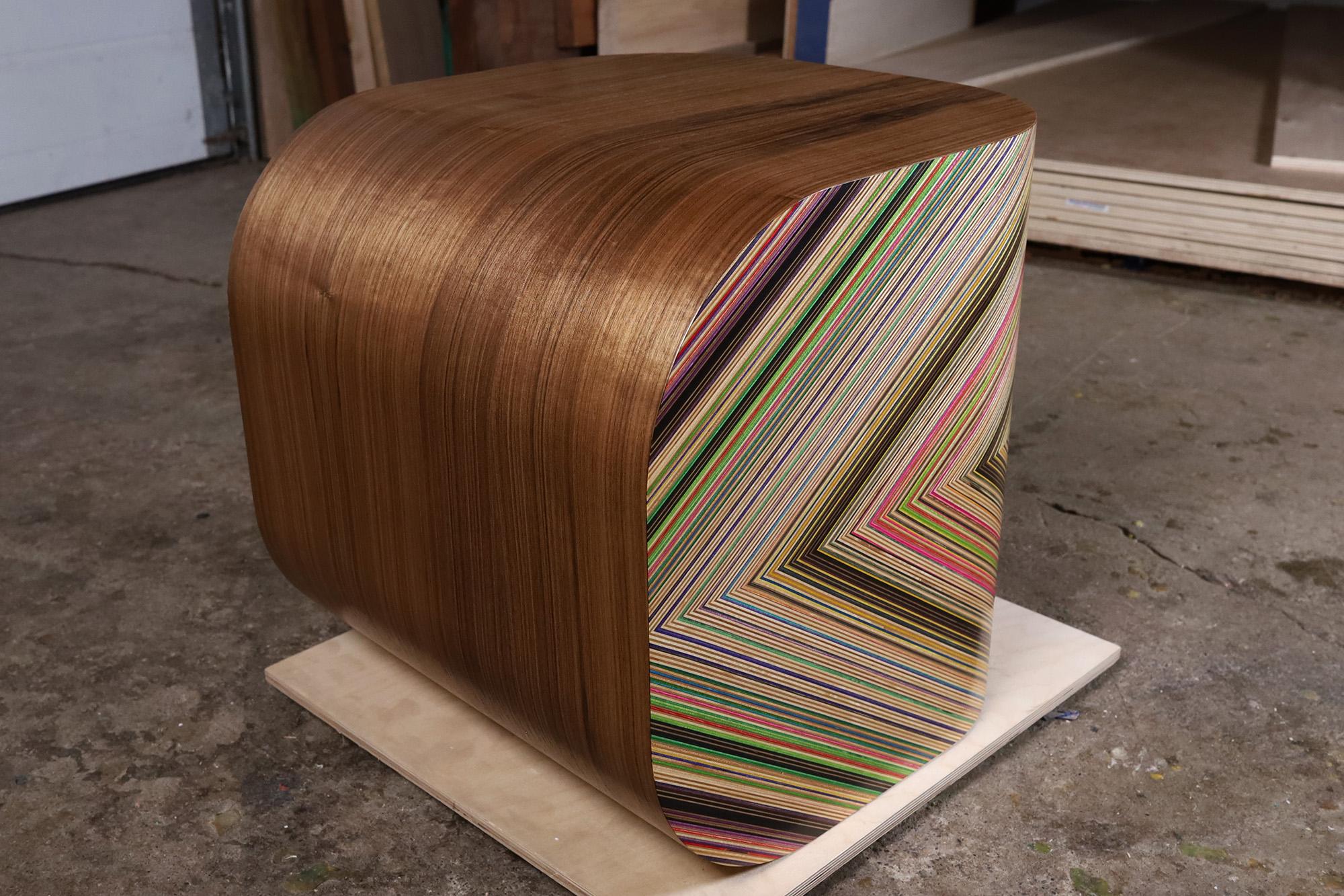 The 'R5' end table, developed in 2024, serves as a versatile companion to the R5 coffee table while also making a striking statement on its own. Its unique design allows for dual orientation, enabling users to showcase the skateboard pattern either