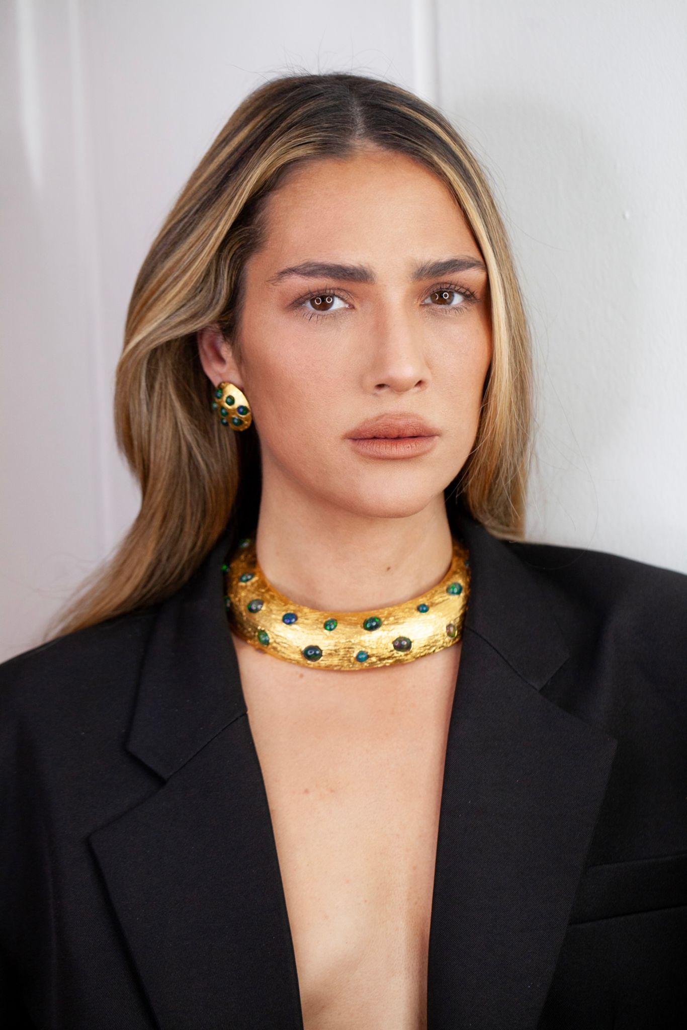 Cabochon RA Collection Earrings - Gold-Plated Bronze with Opals For Sale