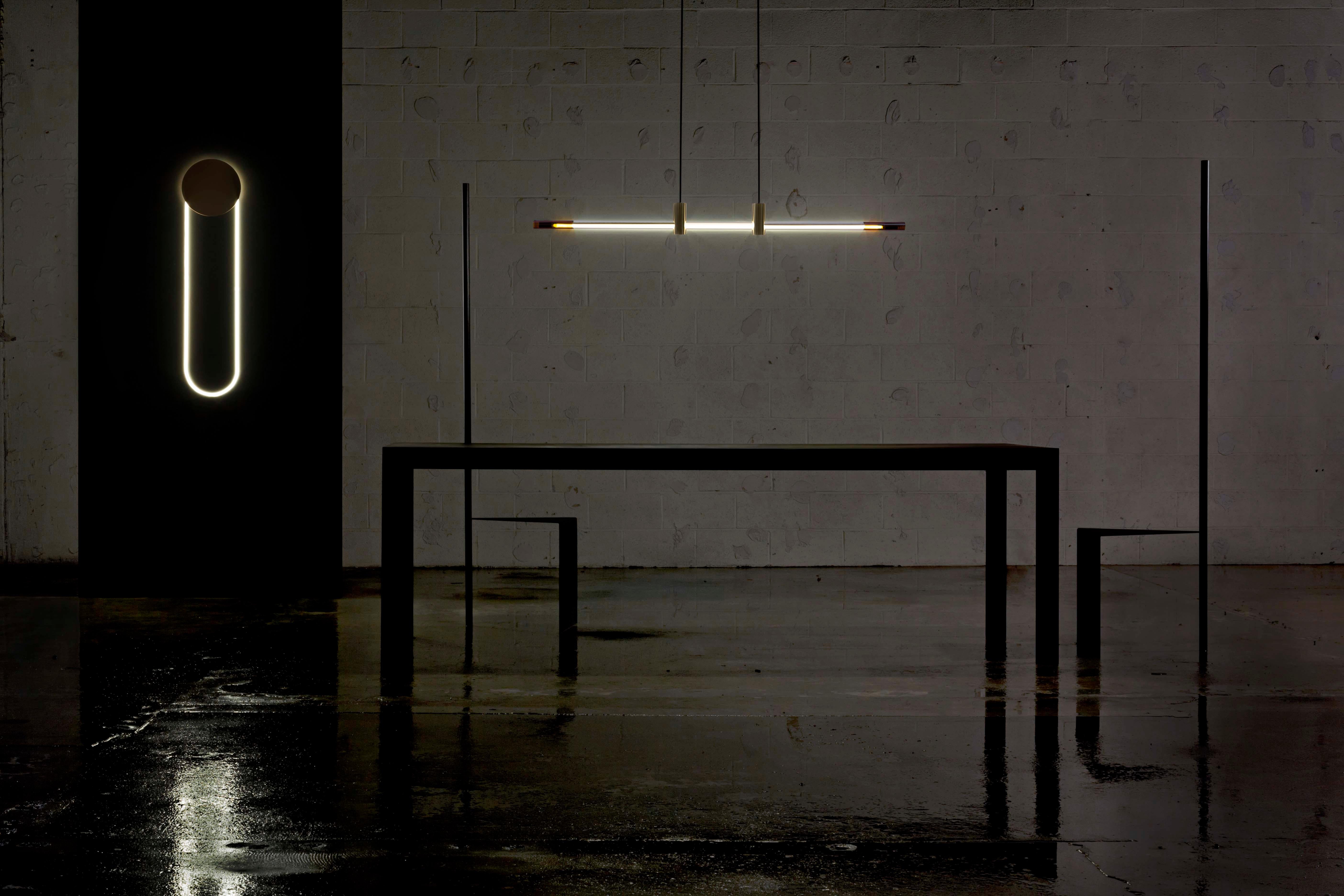 Molded Ra Line Brass Hand Blown Glass Cold Cathode Neon Suspension by Studio d'Armes For Sale