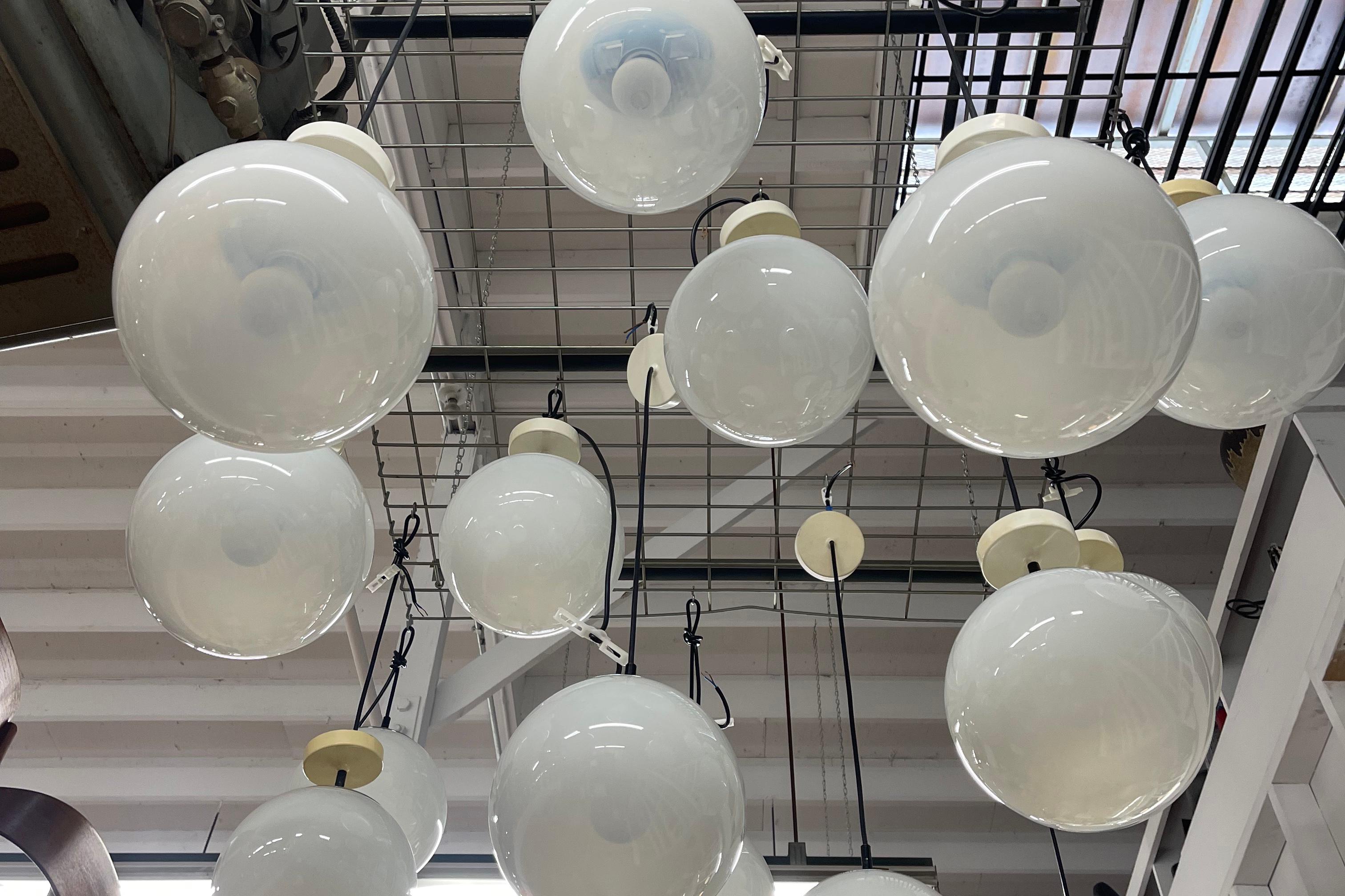 RAAK (attr) Opaline Glass Globe Pendant Lights with chrome hardware For Sale 8