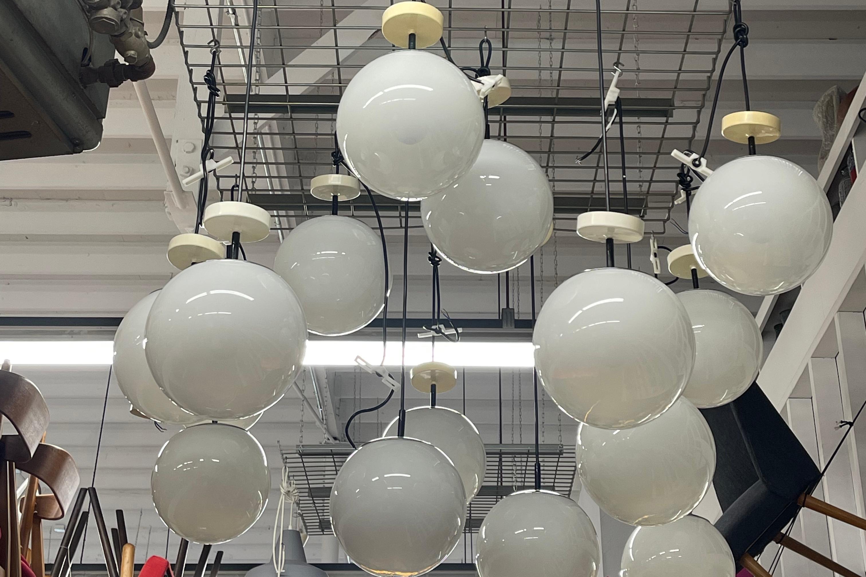 RAAK (attr) Opaline Glass Globe Pendant Lights with chrome hardware For Sale 9