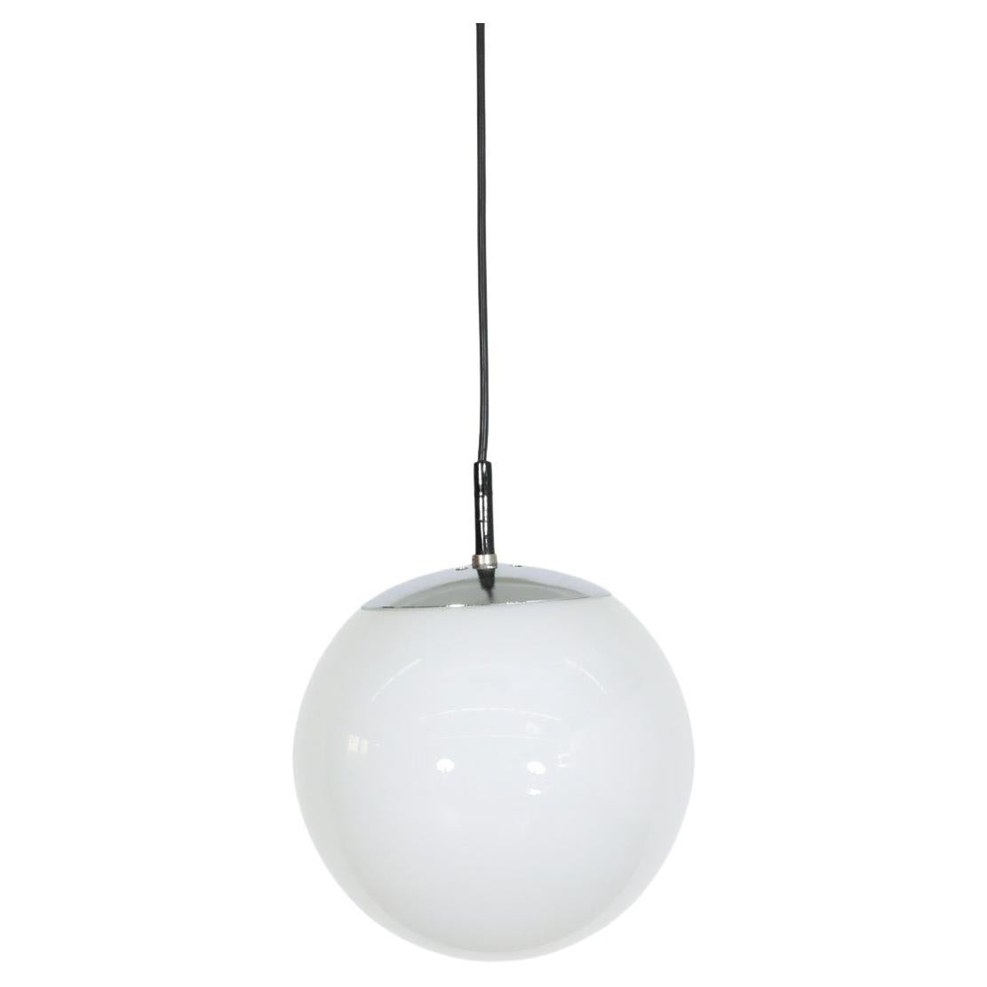 RAAK (attr) Opaline Glass Globe Pendant Lights with chrome hardware For Sale