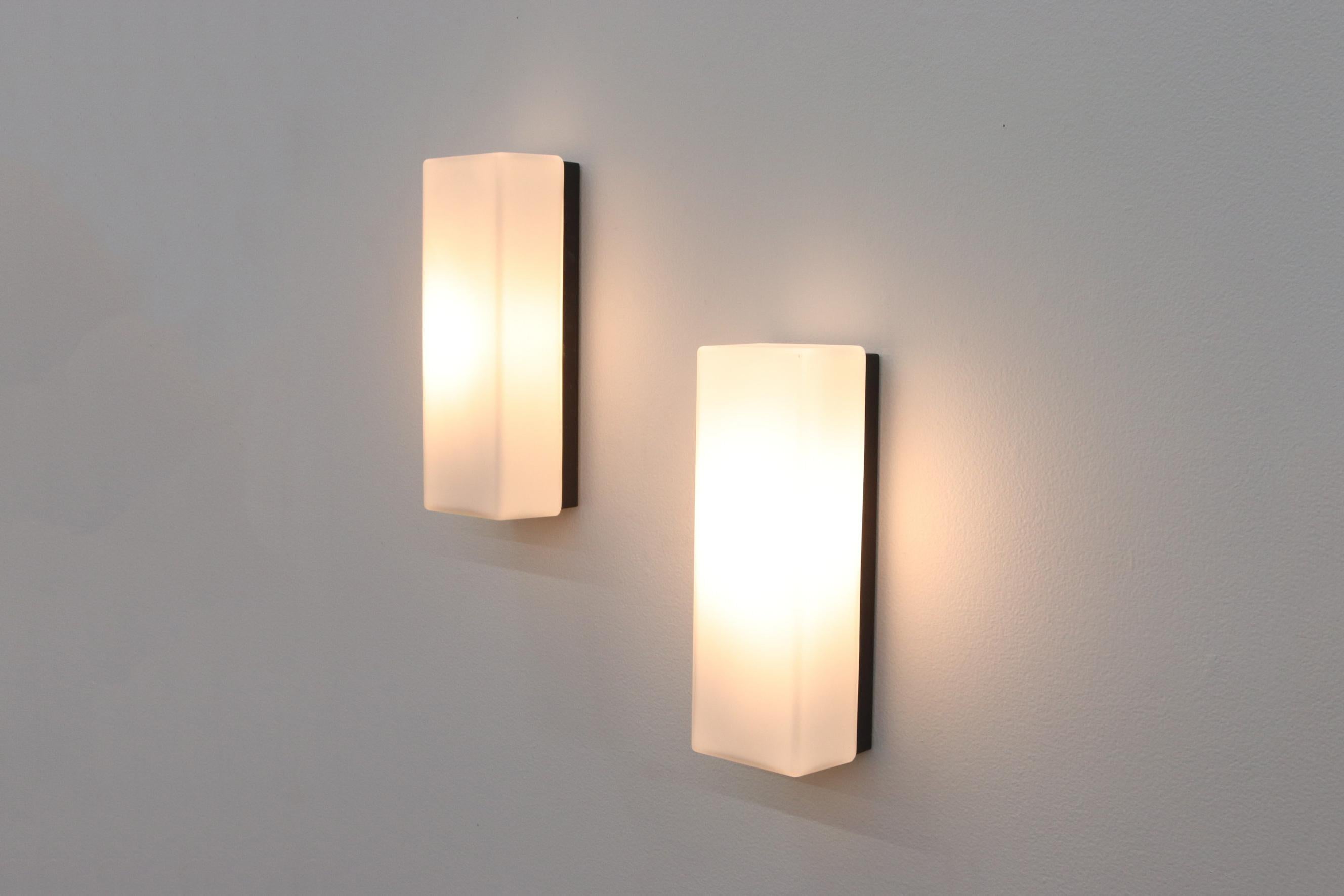 Late 20th Century RAAK Attr. Rectangle Milk Glass Block Sconces