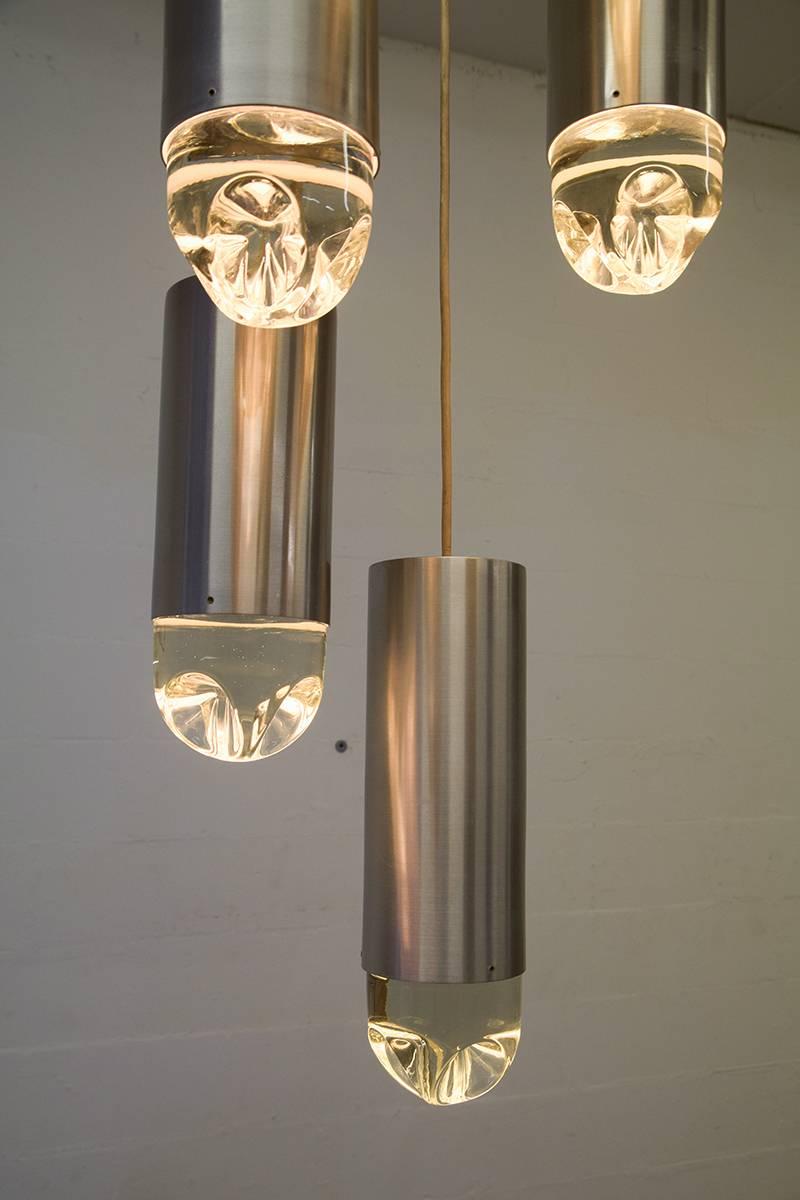 Mid-Century Modern RAAK Brushed Steel and Glass Chandelier, 1960s For Sale