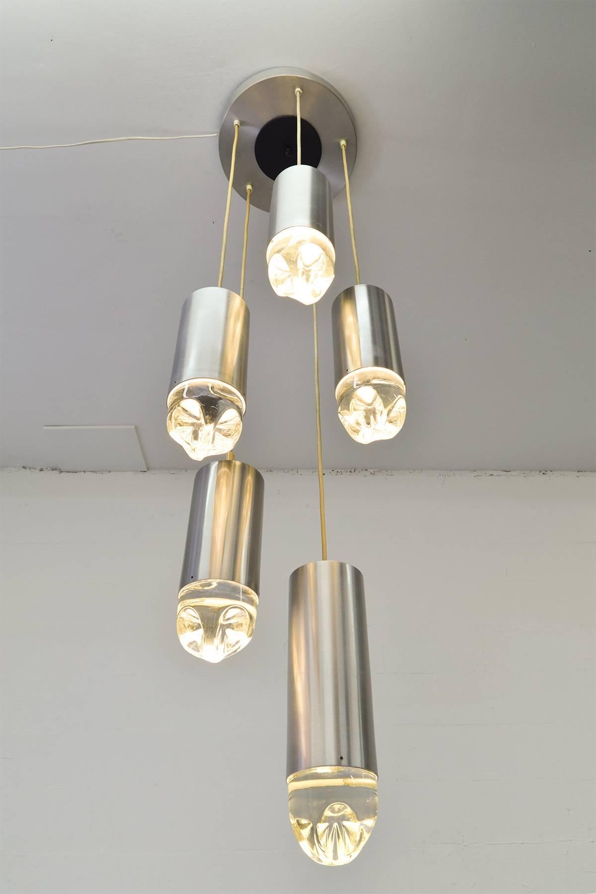 Mid-20th Century RAAK Brushed Steel and Glass Chandelier, 1960s For Sale