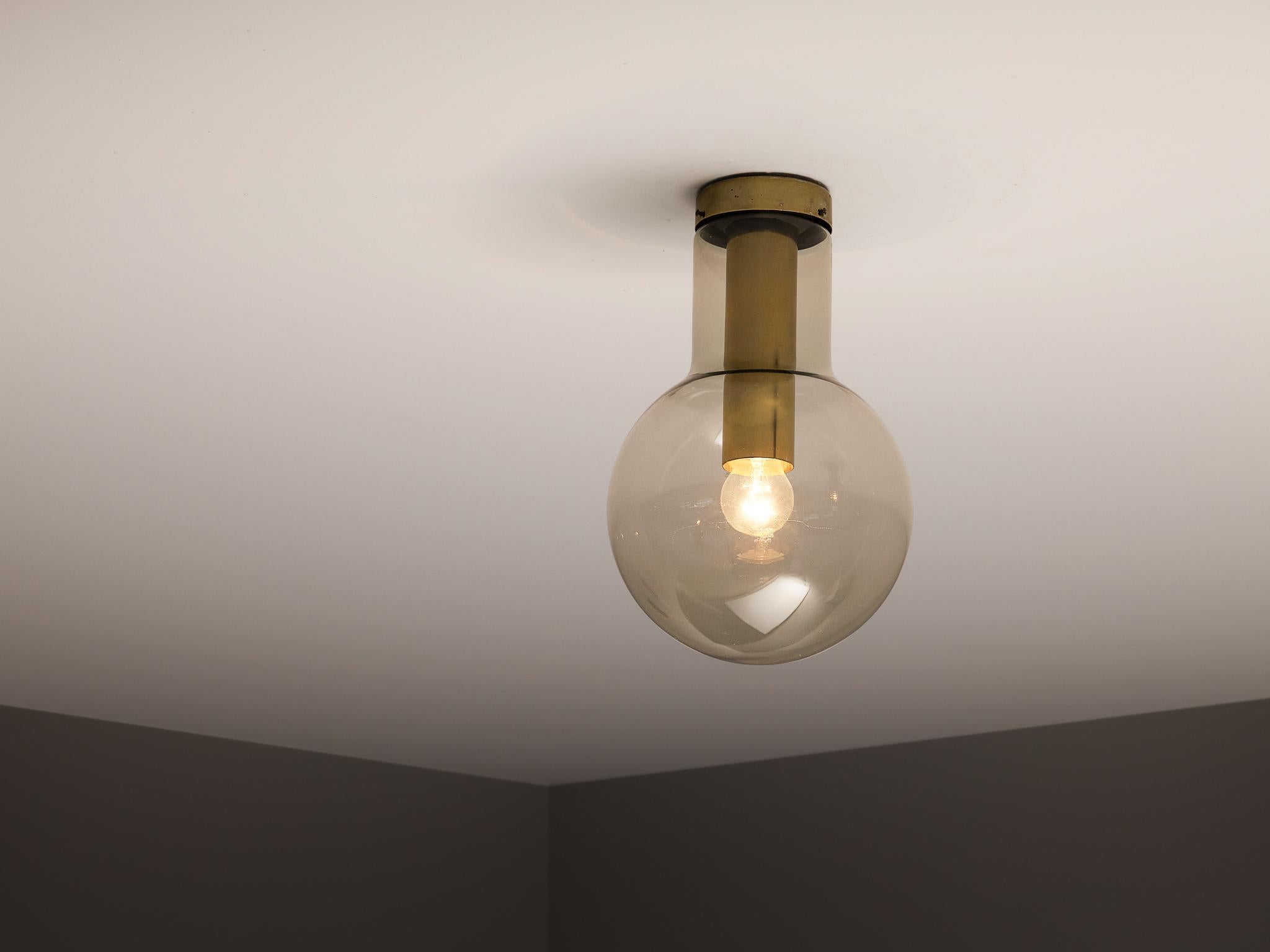 Dutch RAAK Ceiling Lights 'Maxi-Light Bulb' in Smoked Glass and Brass For Sale