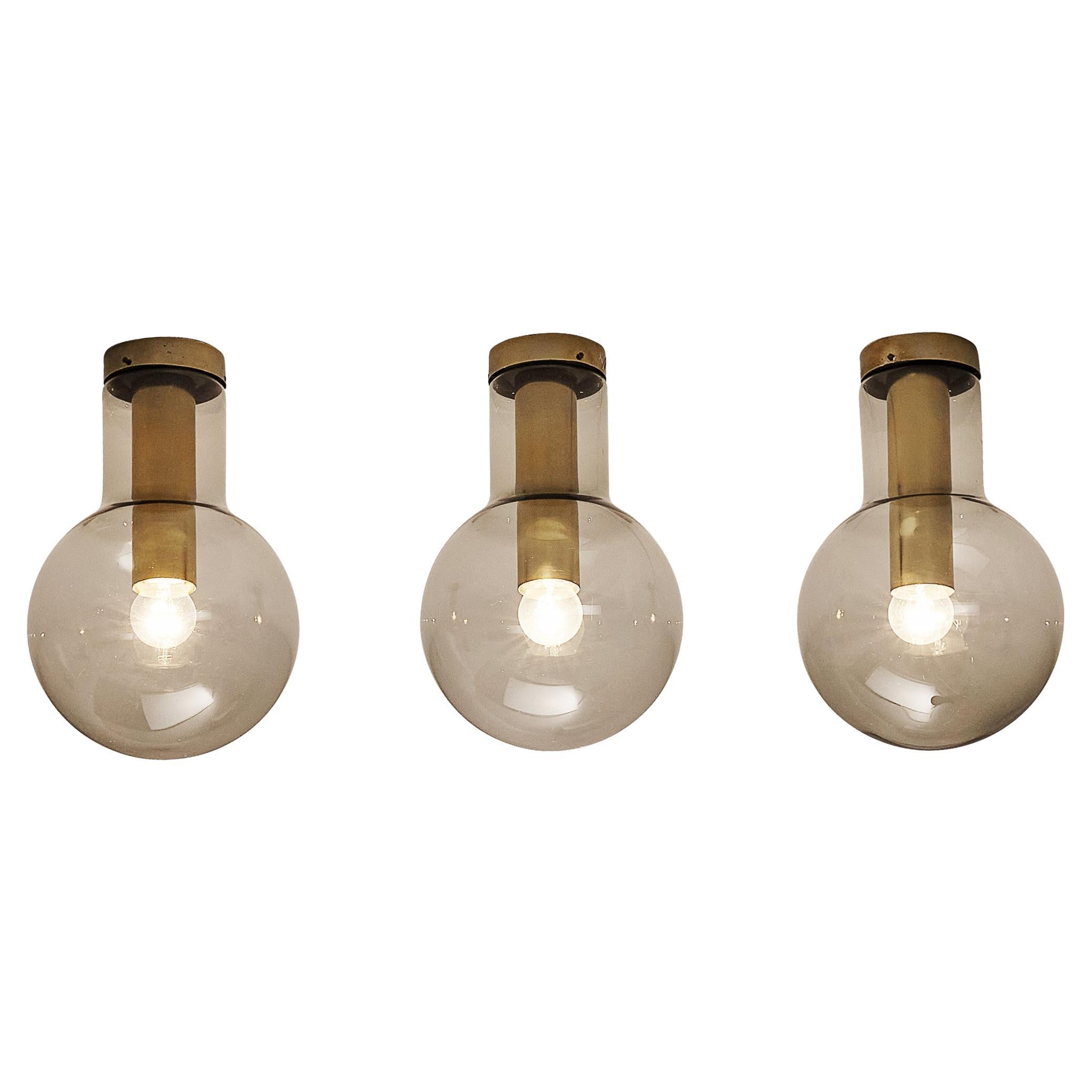 RAAK Ceiling Lights 'Maxi-Light Bulb' in Smoked Glass and Brass For Sale